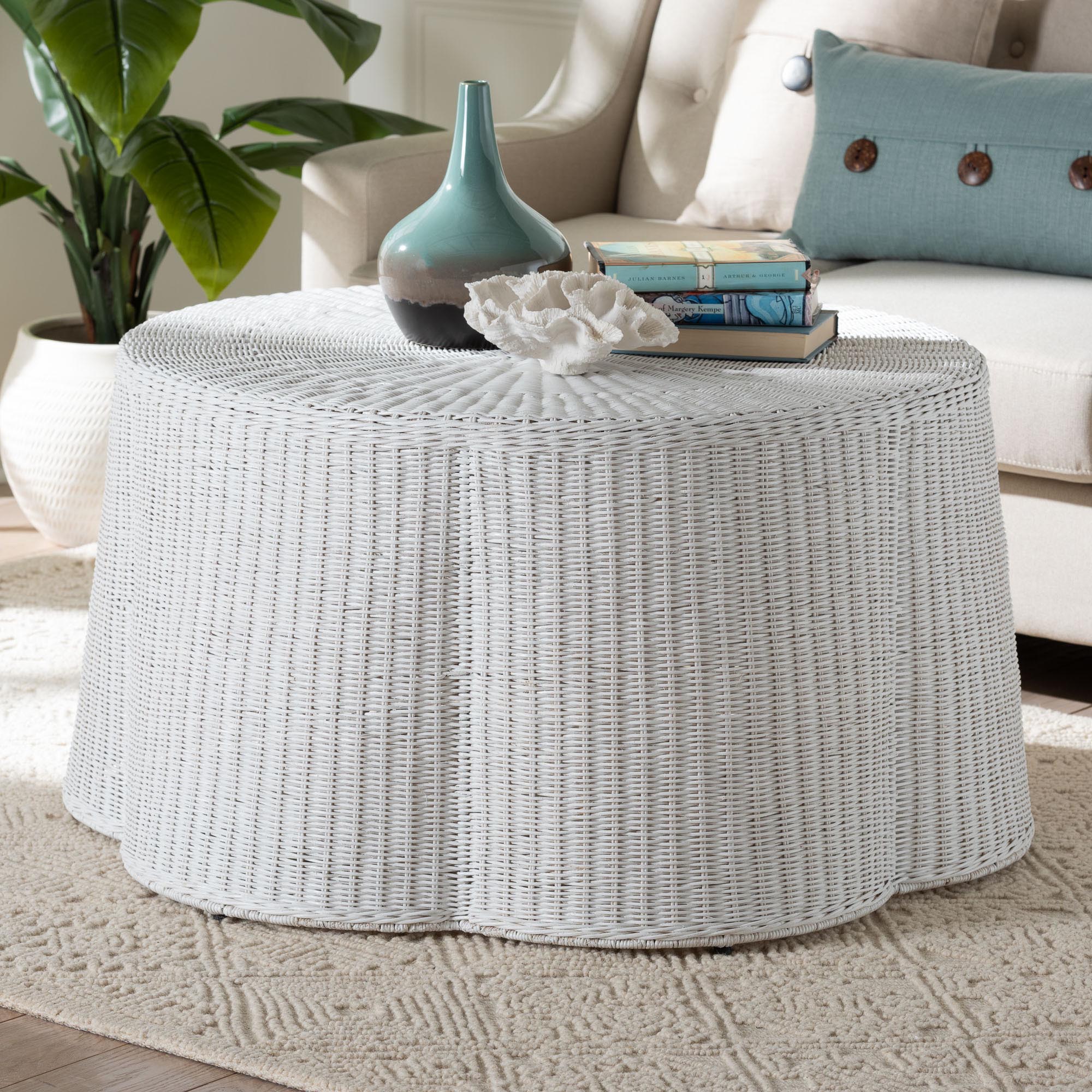 bali & pari Palm Scalloped Rattan Coffee Table - Handwoven Wicker Round Accent Table for Living Room Patio or Sunroom, Coastal Boho Style, White
