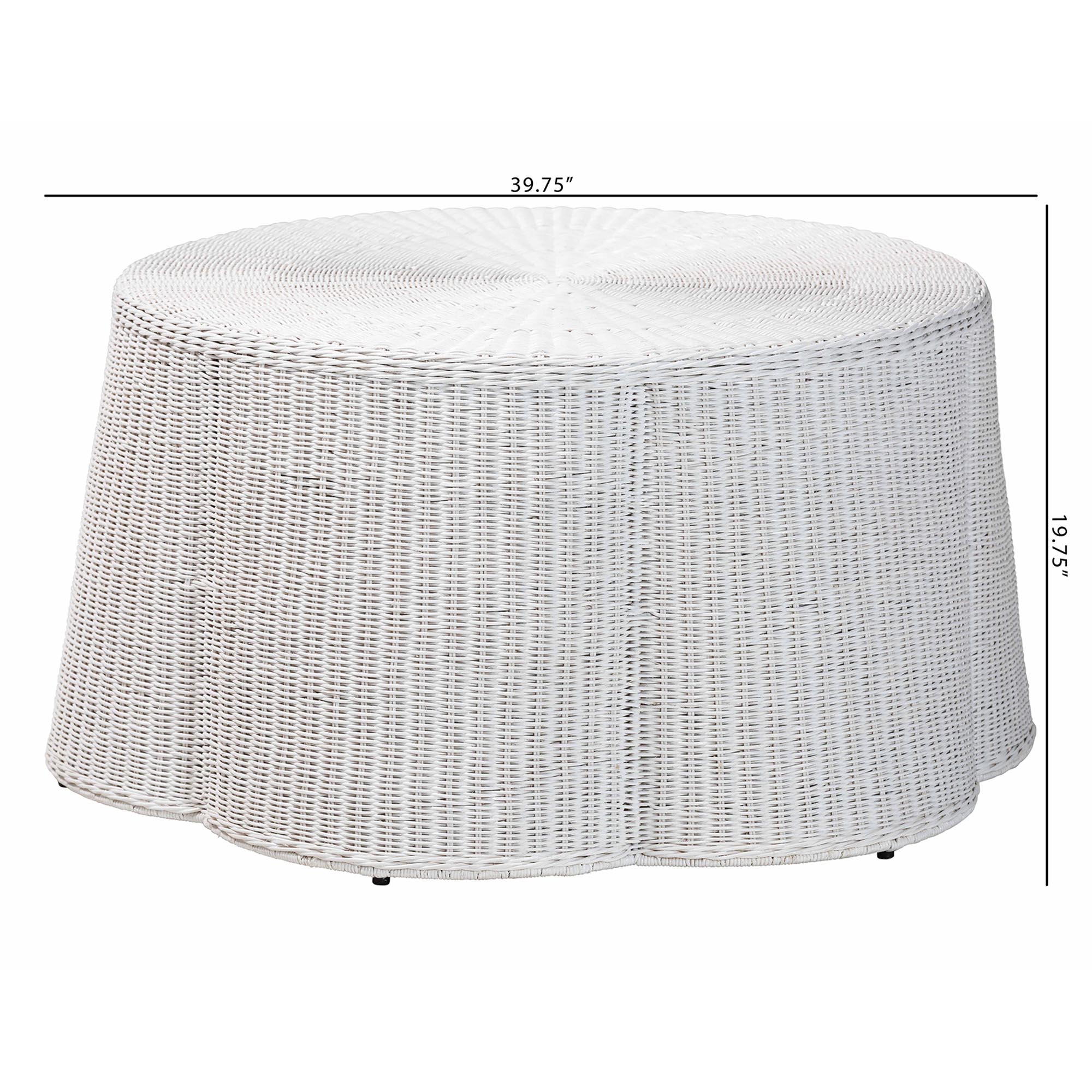bali & pari Palm Scalloped Rattan Coffee Table - Handwoven Wicker Round Accent Table for Living Room Patio or Sunroom, Coastal Boho Style, White