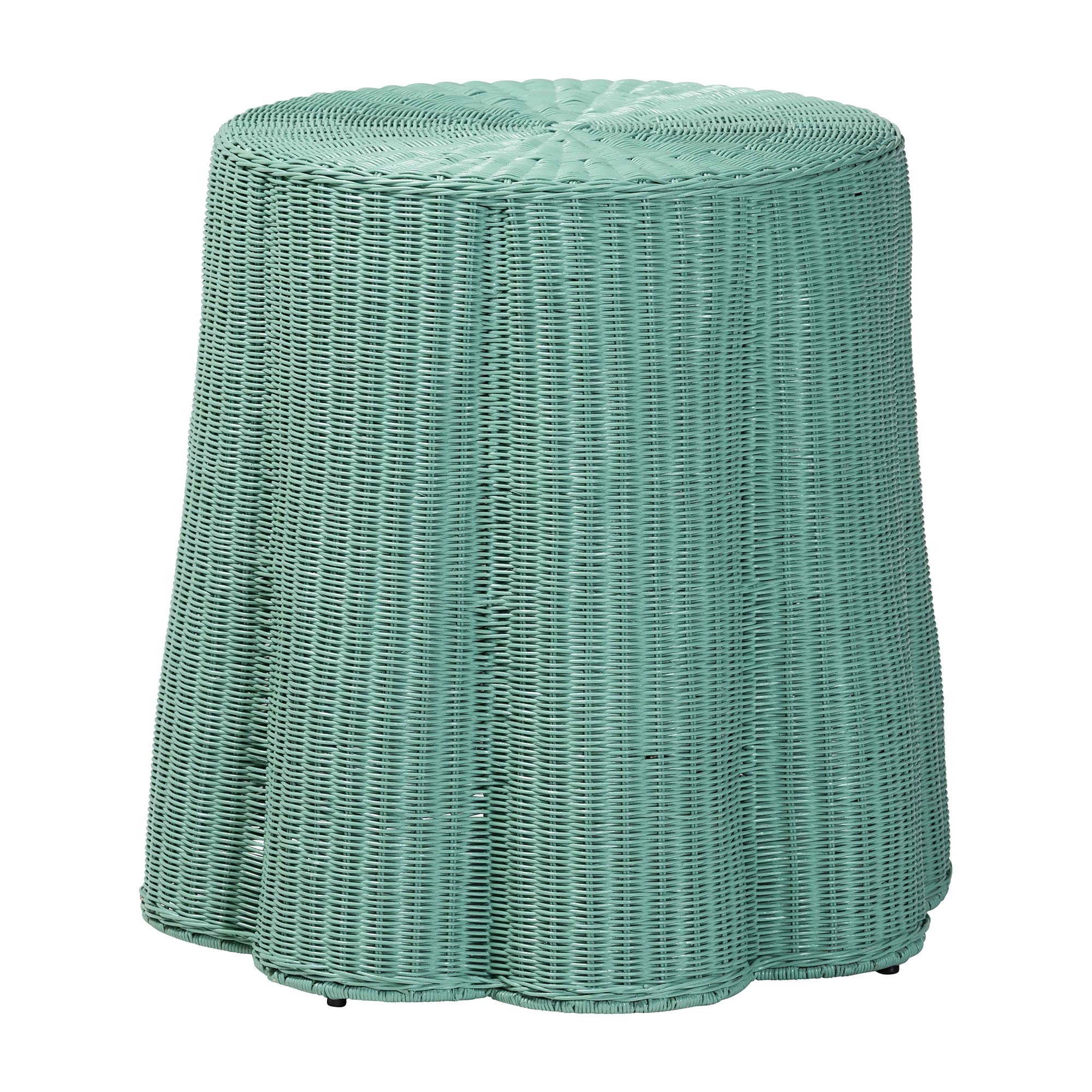 bali & pari Palm Scallop Natural Rattan Console Table - Handwoven Wicker Round Accent Table for Living Room, Sunroom or Foyer Place, Coastal Boho Style in Teal Green