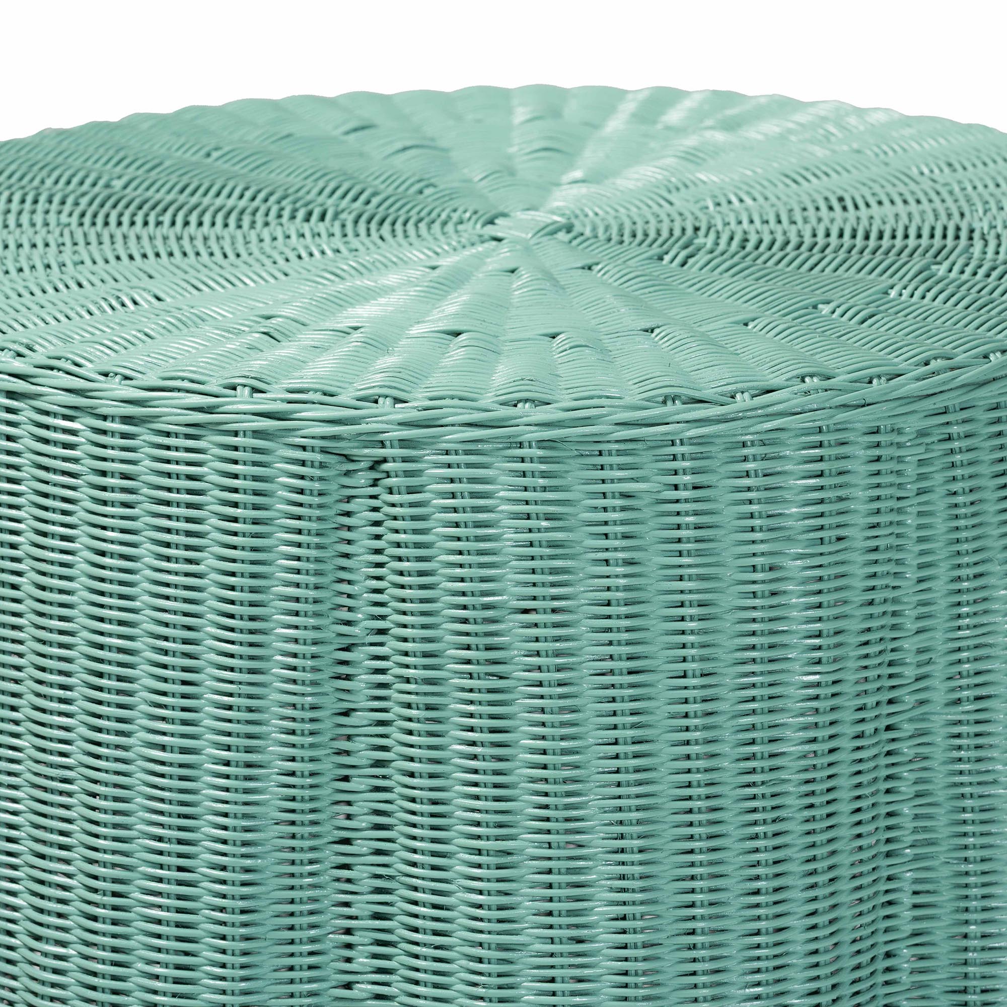 bali & pari Palm Scallop Natural Rattan Console Table - Handwoven Wicker Round Accent Table for Living Room, Sunroom or Foyer Place, Coastal Boho Style in Teal Green