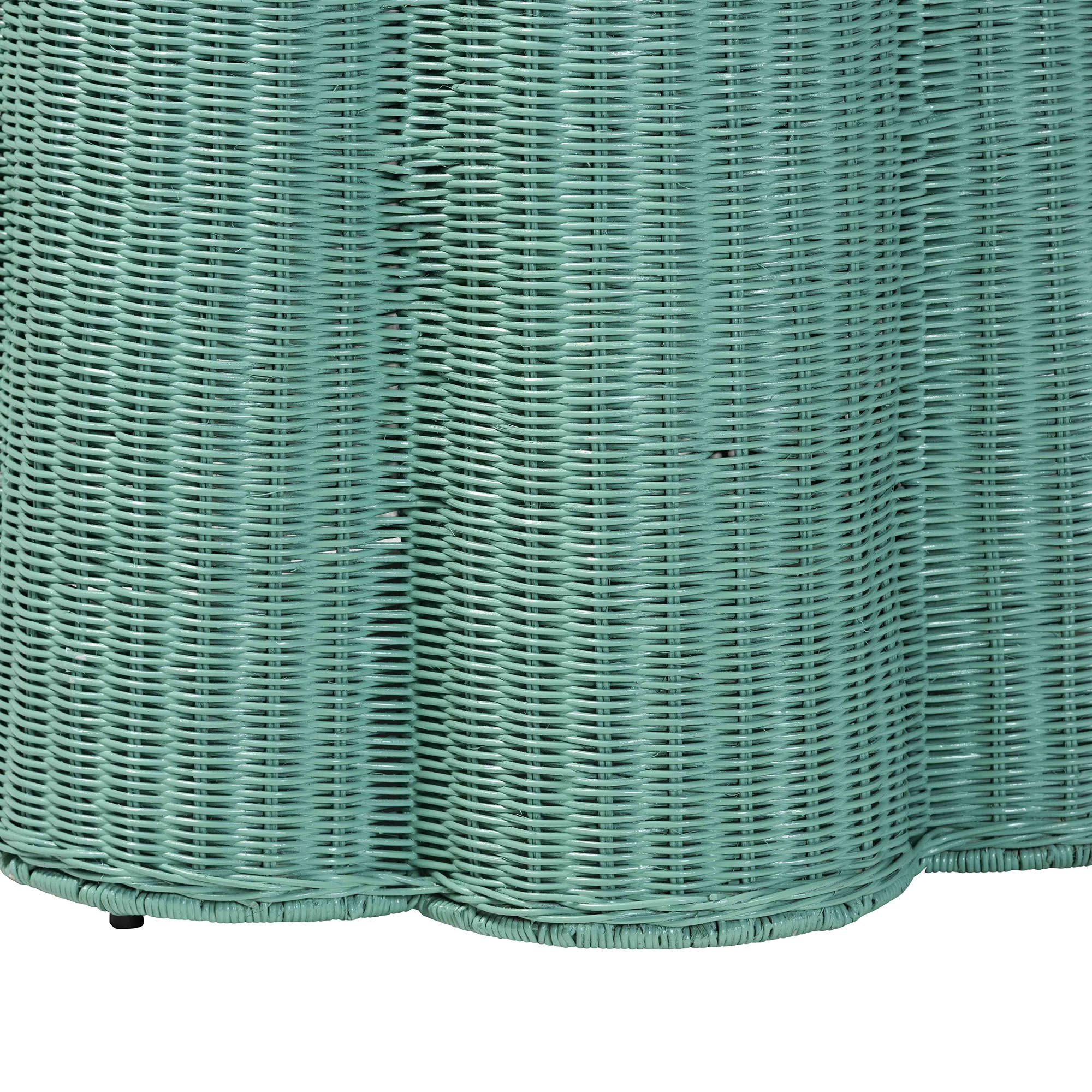 bali & pari Palm Scallop Natural Rattan Console Table - Handwoven Wicker Round Accent Table for Living Room, Sunroom or Foyer Place, Coastal Boho Style in Teal Green