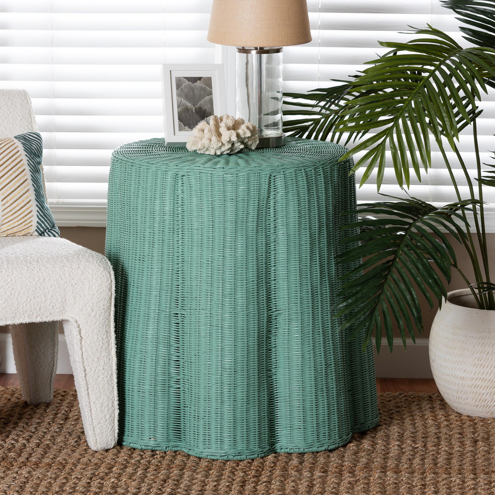 bali & pari Palm Scallop Natural Rattan Console Table - Handwoven Wicker Round Accent Table for Living Room, Sunroom or Foyer Place, Coastal Boho Style in Teal Green