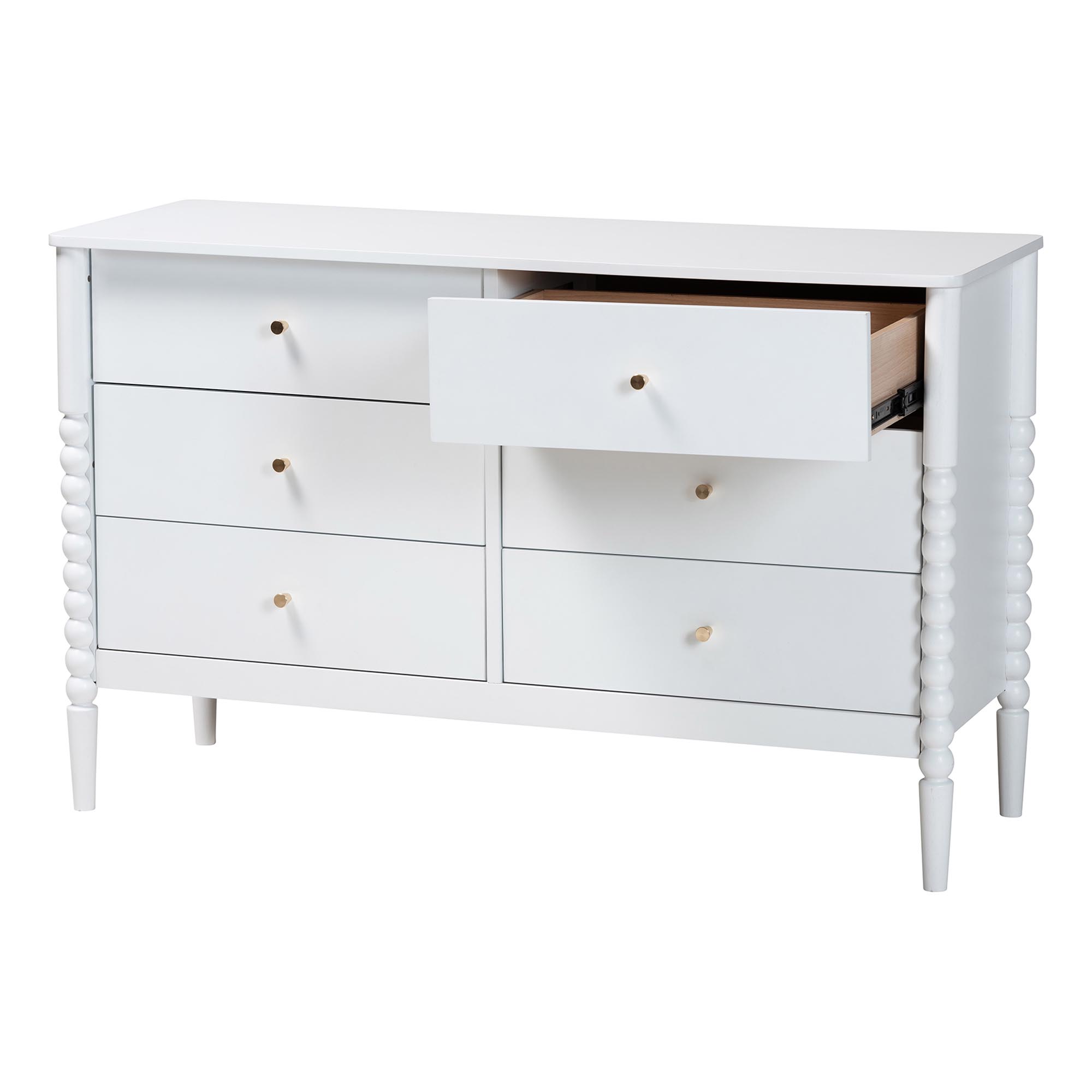 Baxton Studio Lucera Mid-Century White Bobbin Wood 6-Drawer Dresser