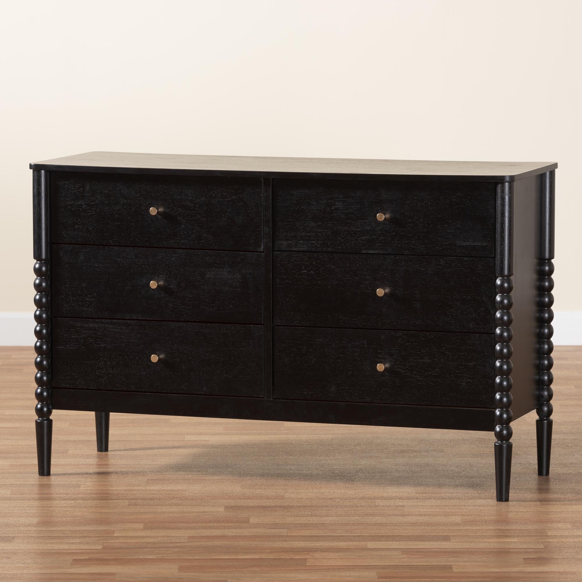 Baxton Studio Lucera Mid-Century Black Bobbin Wood 6-Drawer Dresser