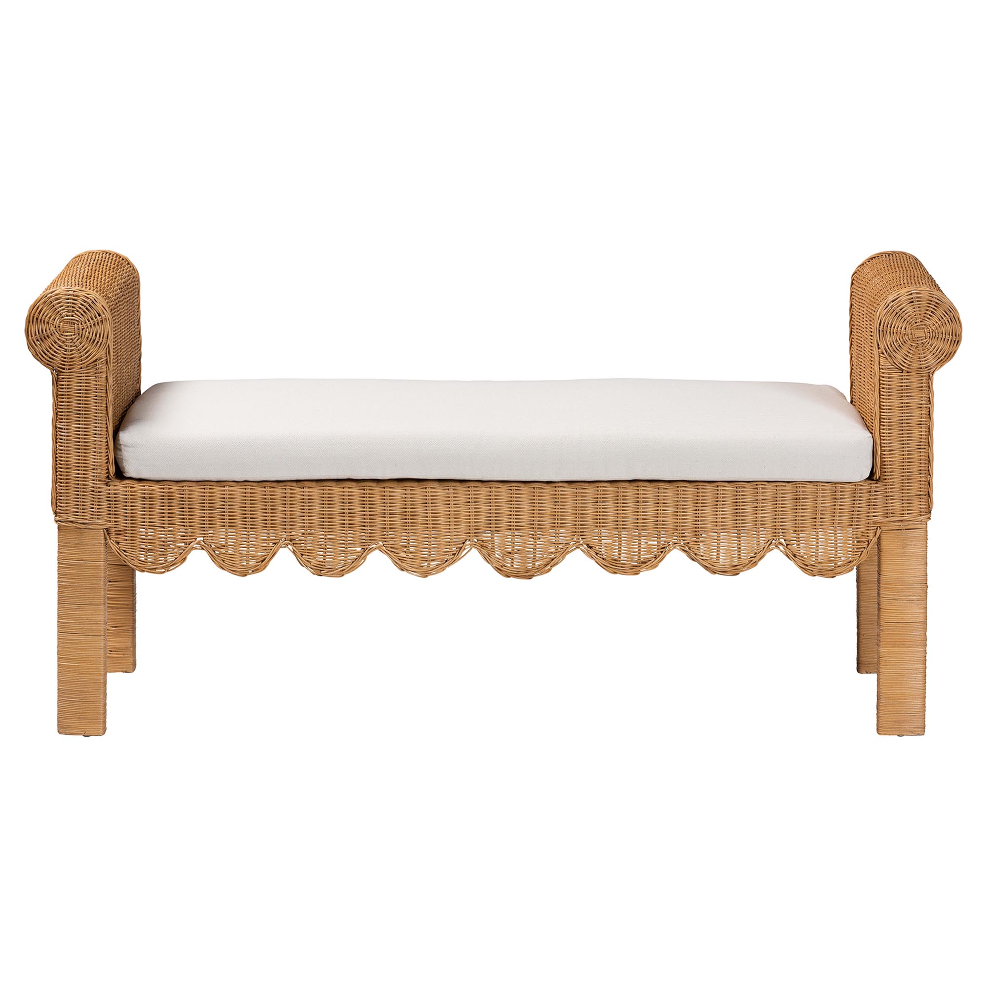 bali & pari Reiko Handwoven Natural Rattan Bench with Scalloped Detailing - Boho Farmhouse Entryway, Bedroom, or Living Room Accent Seating