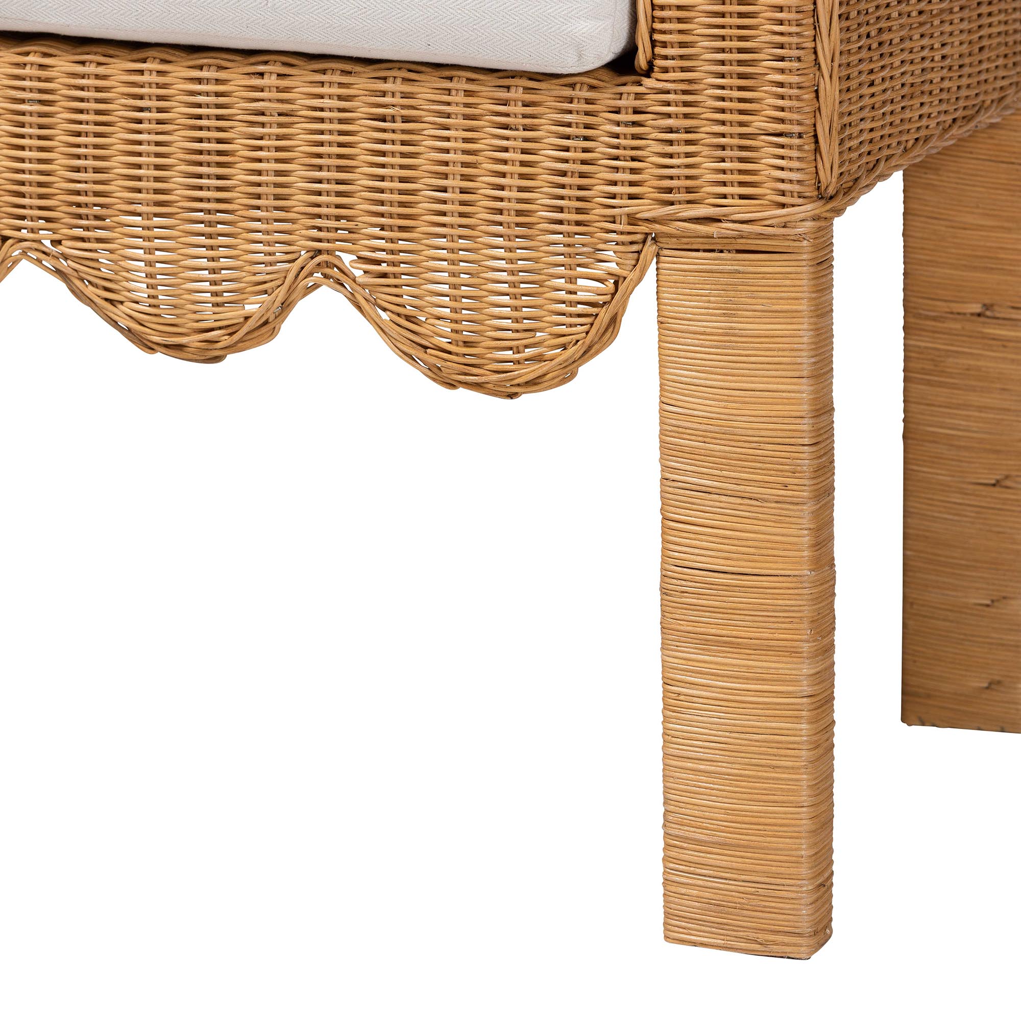 bali & pari Reiko Handwoven Natural Rattan Bench with Scalloped Detailing - Boho Farmhouse Entryway, Bedroom, or Living Room Accent Seating