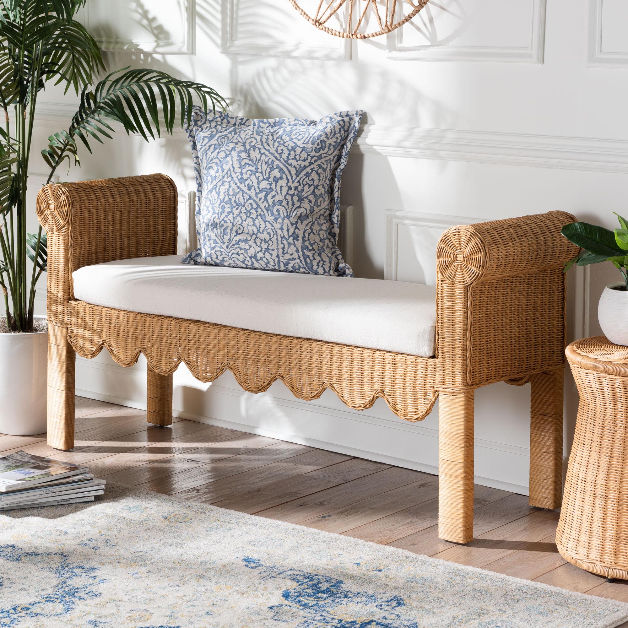 bali & pari Reiko Handwoven Natural Rattan Bench with Scalloped Detailing - Boho Farmhouse Entryway, Bedroom, or Living Room Accent Seating