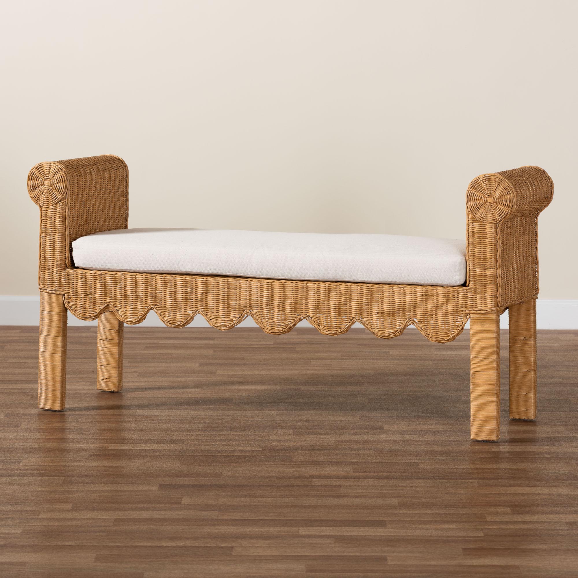bali & pari Reiko Handwoven Natural Rattan Bench with Scalloped Detailing - Boho Farmhouse Entryway, Bedroom, or Living Room Accent Seating