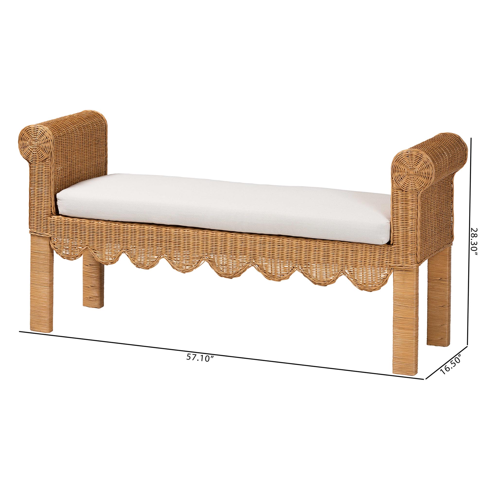 bali & pari Reiko Handwoven Natural Rattan Bench with Scalloped Detailing - Boho Farmhouse Entryway, Bedroom, or Living Room Accent Seating