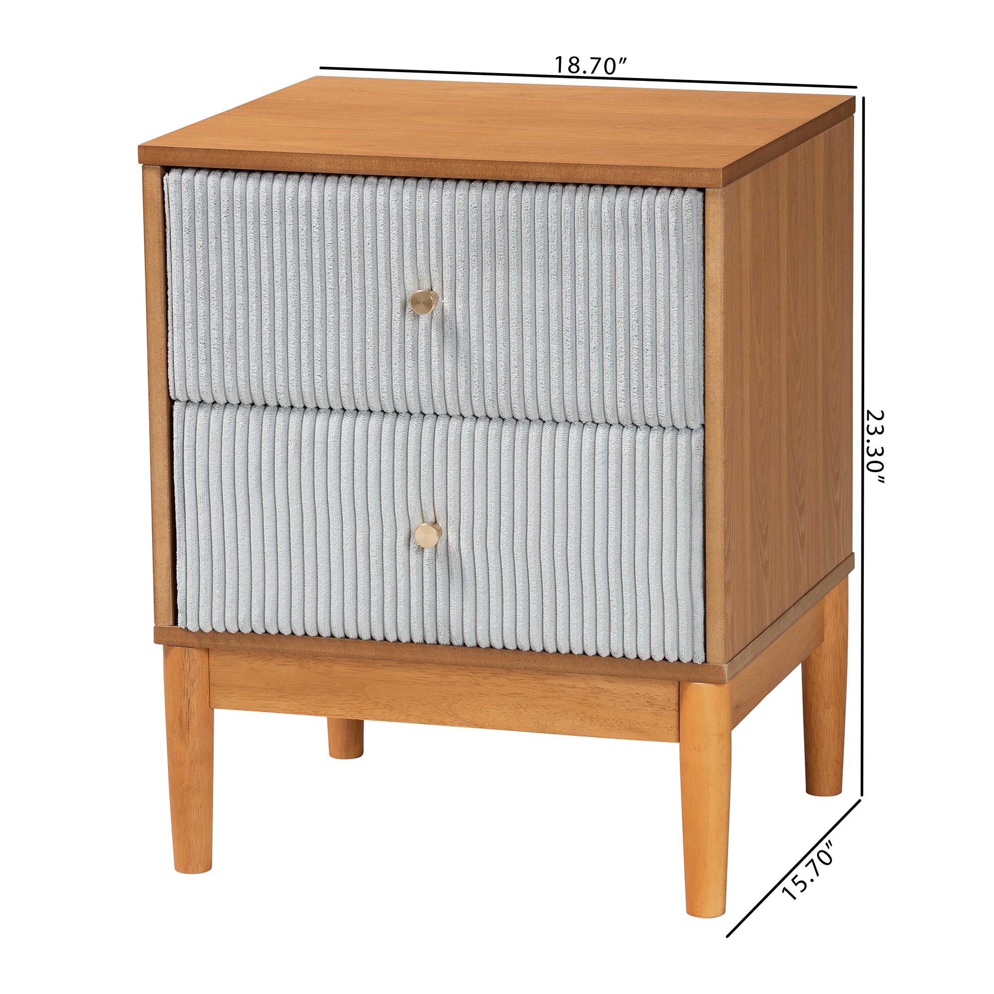 Baxton Studio Taylin Mid-Century Grey Corduroy and Oak Brown Wood 2-Drawer Nightstand