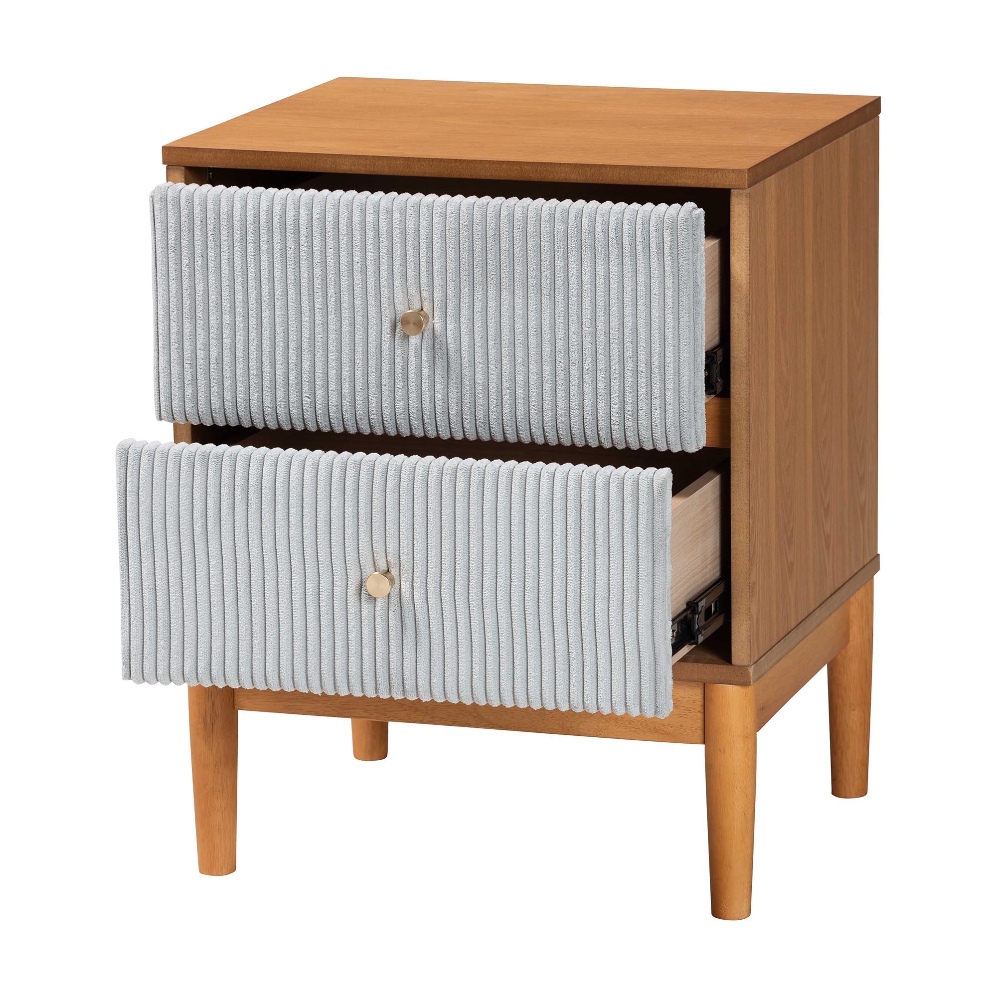Baxton Studio Taylin Mid-Century Grey Corduroy and Oak Brown Wood 2-Drawer Nightstand
