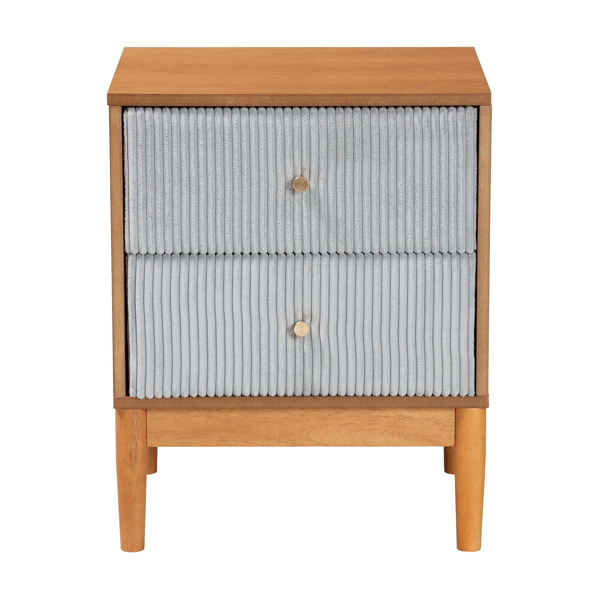 Baxton Studio Taylin Mid-Century Grey Corduroy and Oak Brown Wood 2-Drawer Nightstand