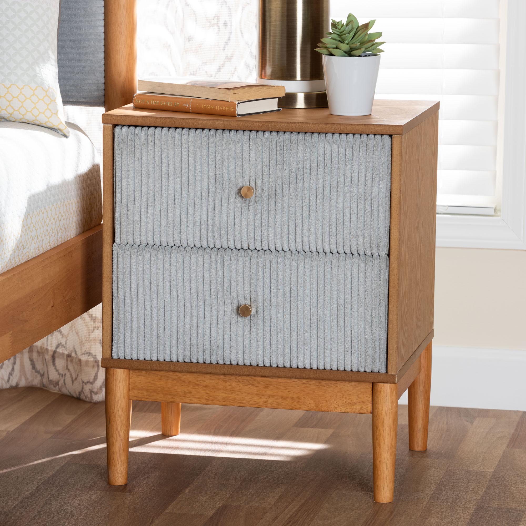 Baxton Studio Taylin Mid-Century Grey Corduroy and Oak Brown Wood 2-Drawer Nightstand