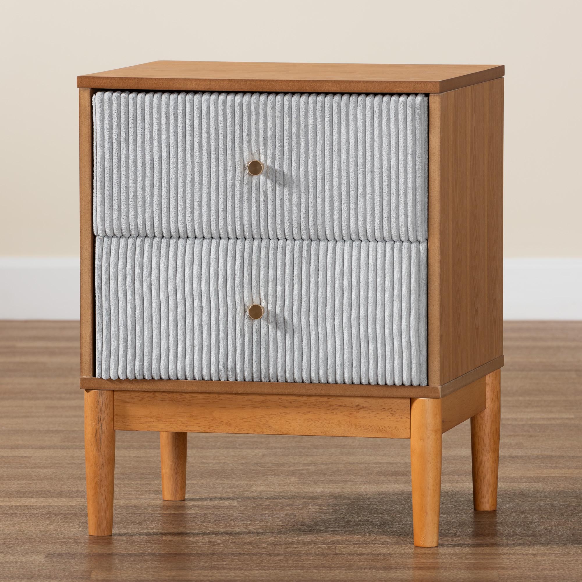 Baxton Studio Taylin Mid-Century Grey Corduroy and Oak Brown Wood 2-Drawer Nightstand