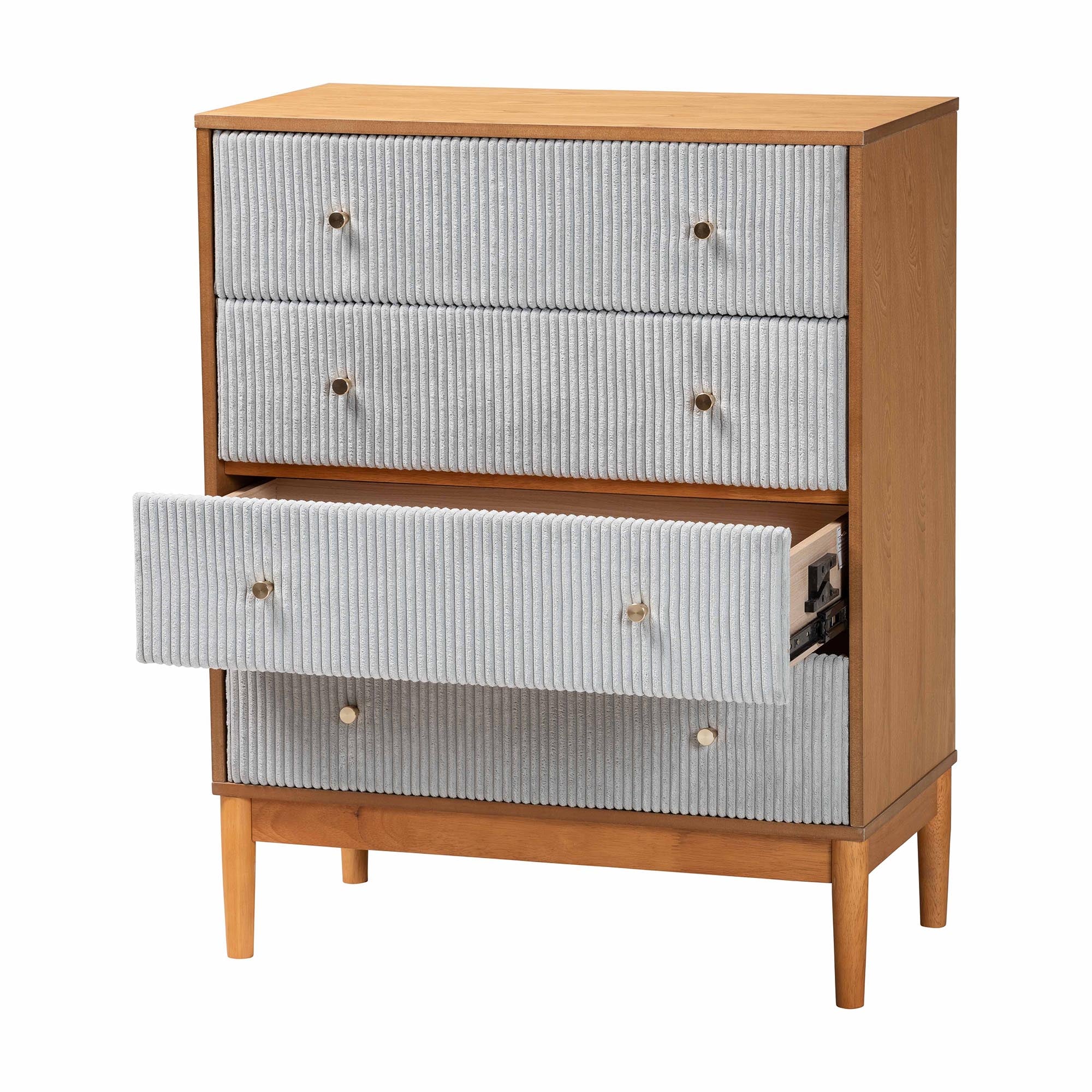 Baxton Studio Taylin Mid-Century Grey Corduroy and Oak Brown Wood 4-Drawer Chest