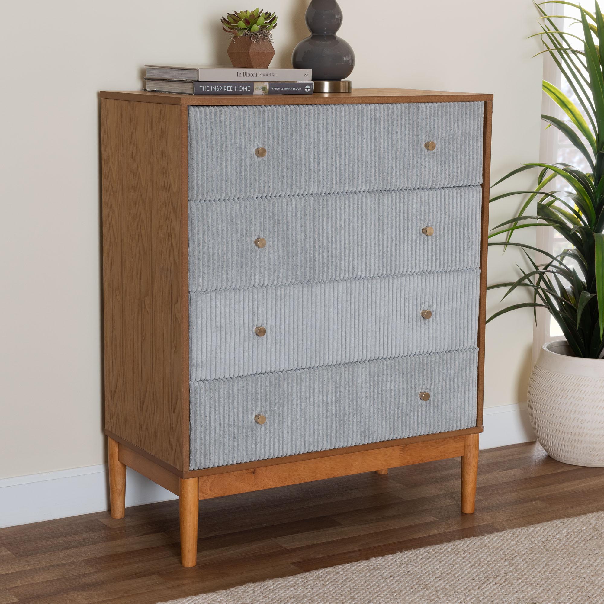 Baxton Studio Taylin Mid-Century Grey Corduroy and Oak Brown Wood 4-Drawer Chest