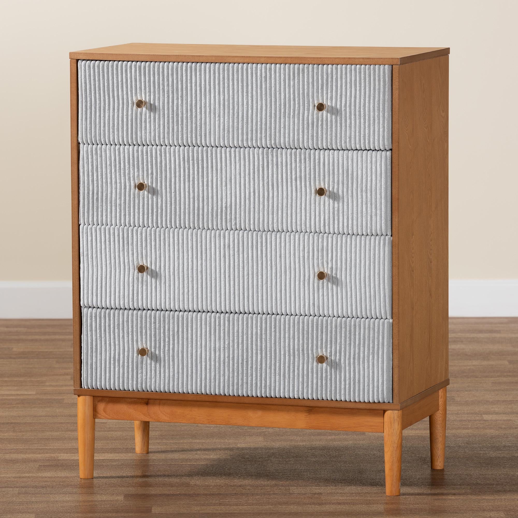 Baxton Studio Taylin Mid-Century Grey Corduroy and Oak Brown Wood 4-Drawer Chest