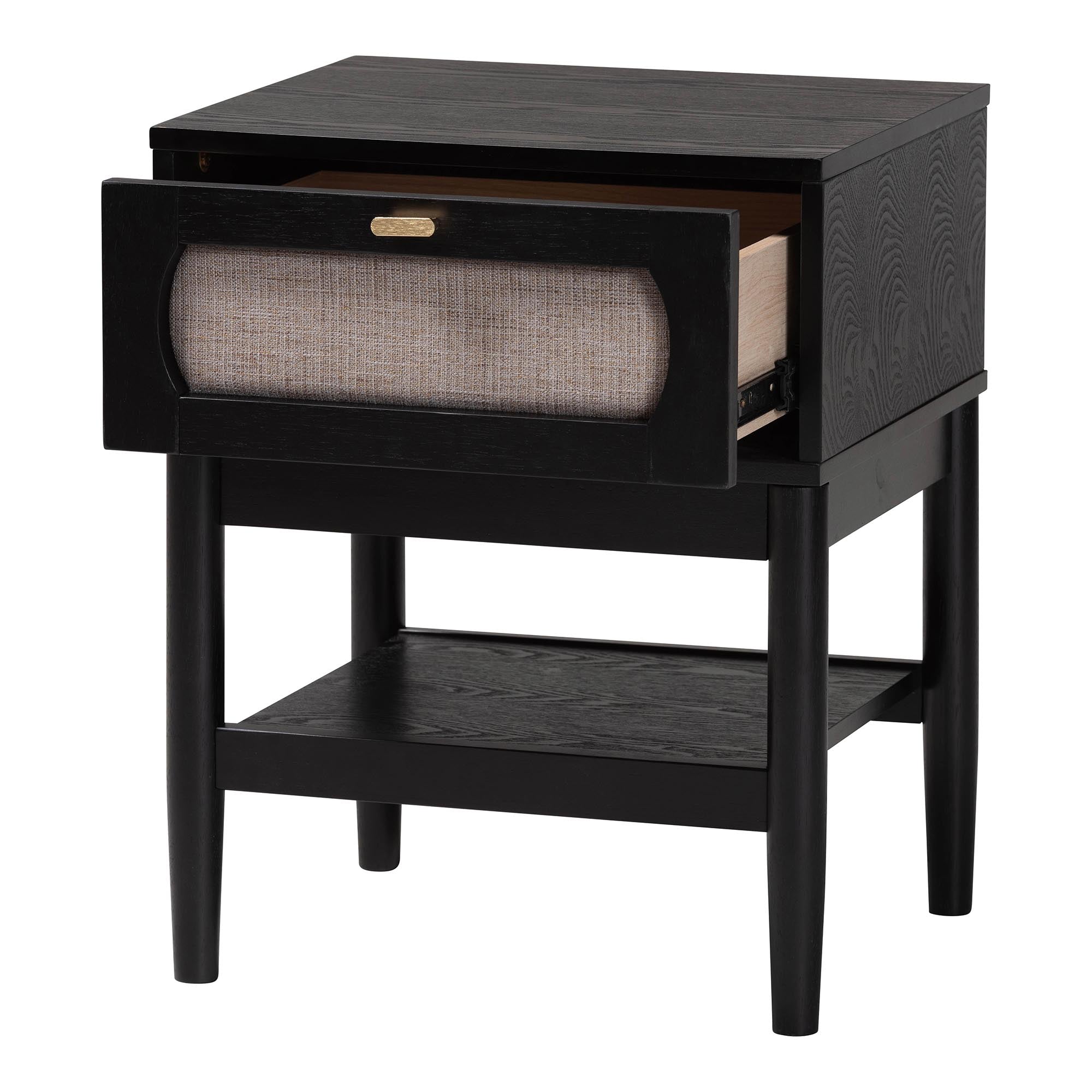 Baxton Studio Shirin Mid-Century Beige Fabric and Black Wood 1-Drawer Nightstand
