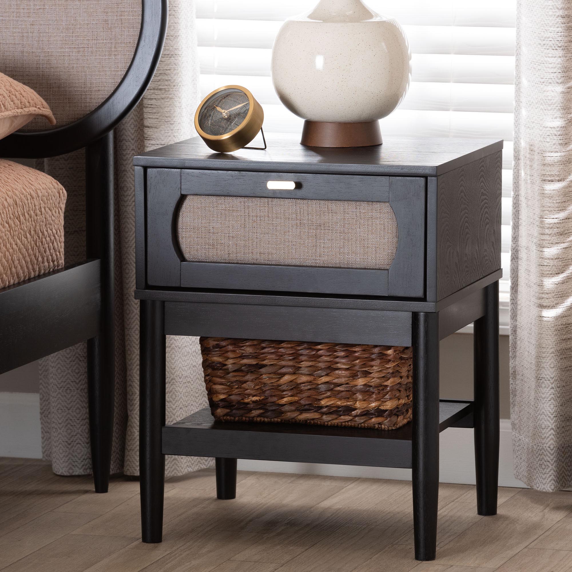 Baxton Studio Shirin Mid-Century Beige Fabric and Black Wood 1-Drawer Nightstand