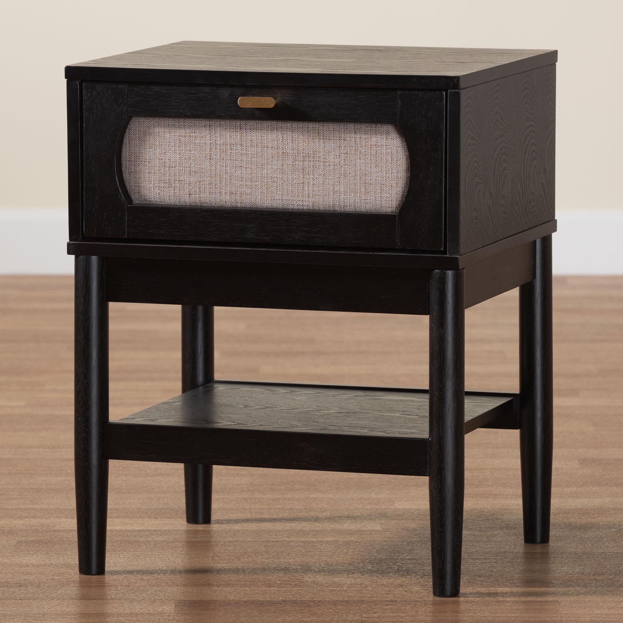 Baxton Studio Shirin Mid-Century Beige Fabric and Black Wood 1-Drawer Nightstand