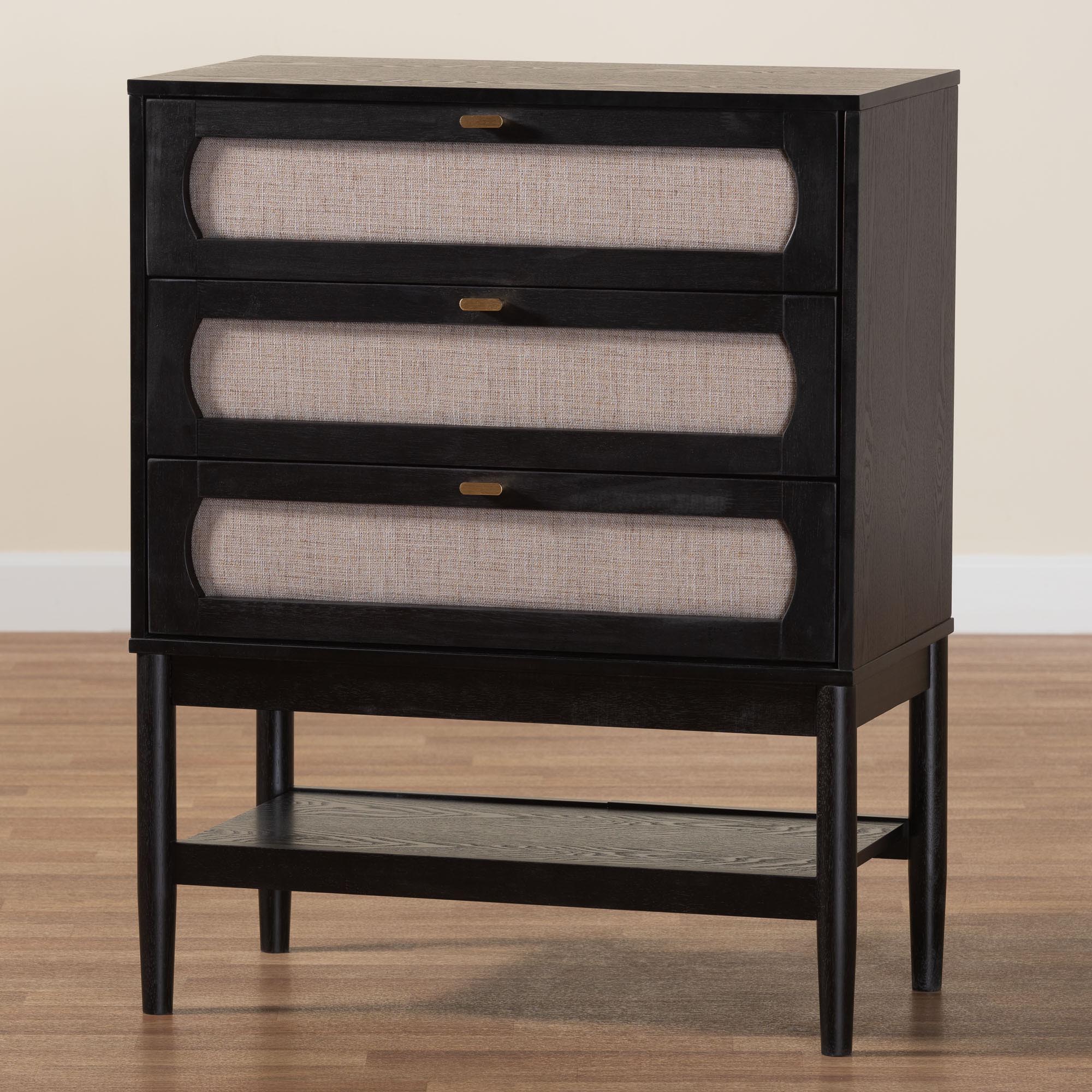 Baxton Studio Shirin Mid-Century Beige Fabric and Black Wood 3-Drawer Chest