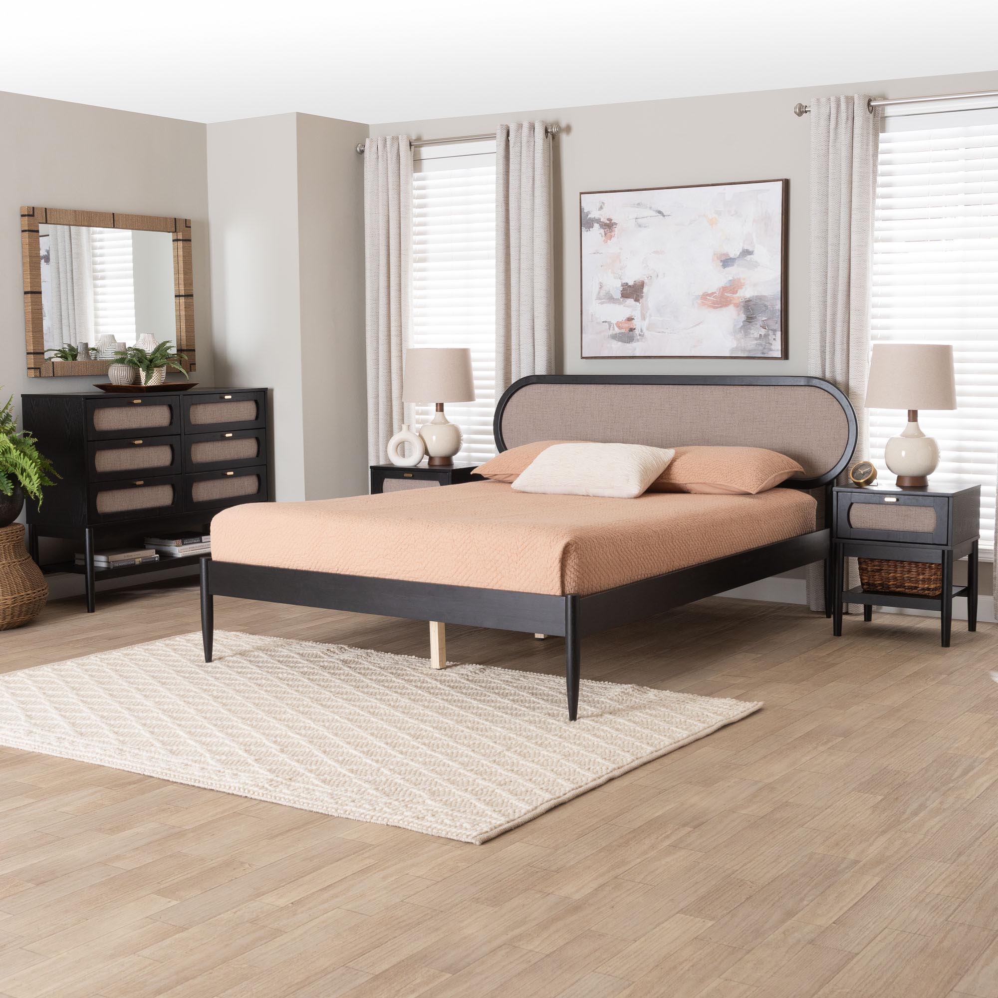 Baxton Studio Shirin Mid-Century Beige Fabric and Black Wood Queen 4-Piece Bedroom Set with Two nightstands