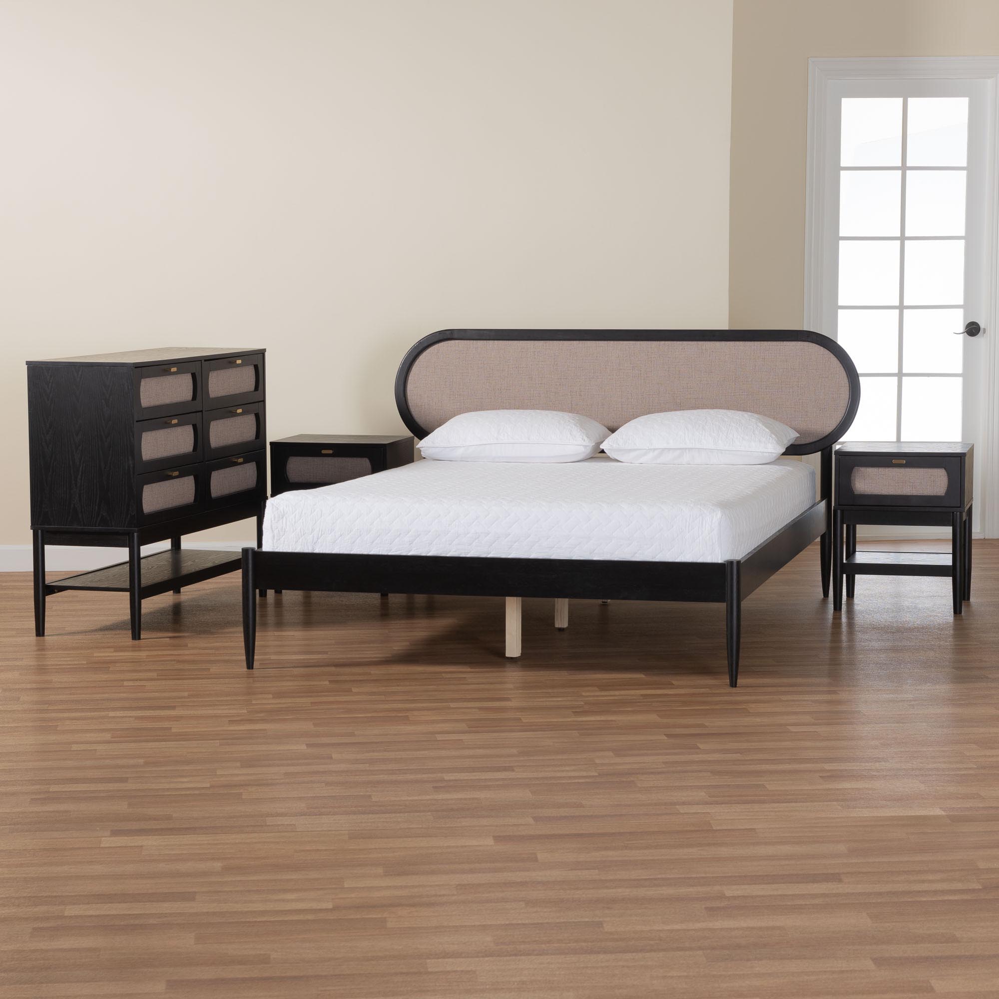 Baxton Studio Shirin Mid-Century Beige Fabric and Black Wood Queen 4-Piece Bedroom Set with Two nightstands