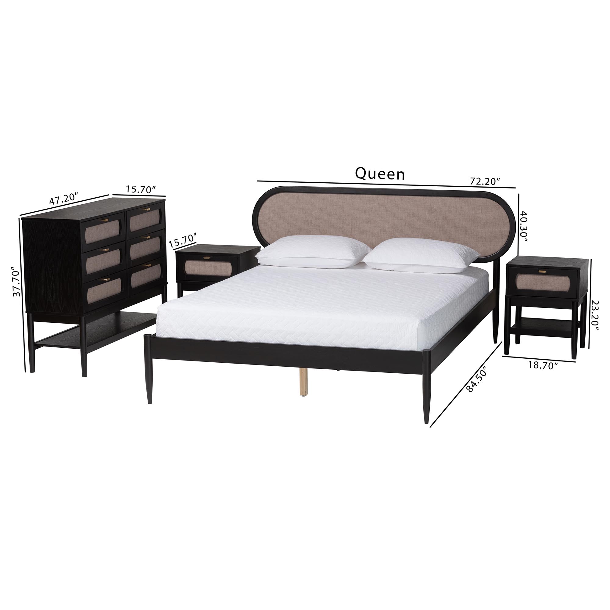 Baxton Studio Shirin Mid-Century Beige Fabric and Black Wood Queen 4-Piece Bedroom Set with Two nightstands