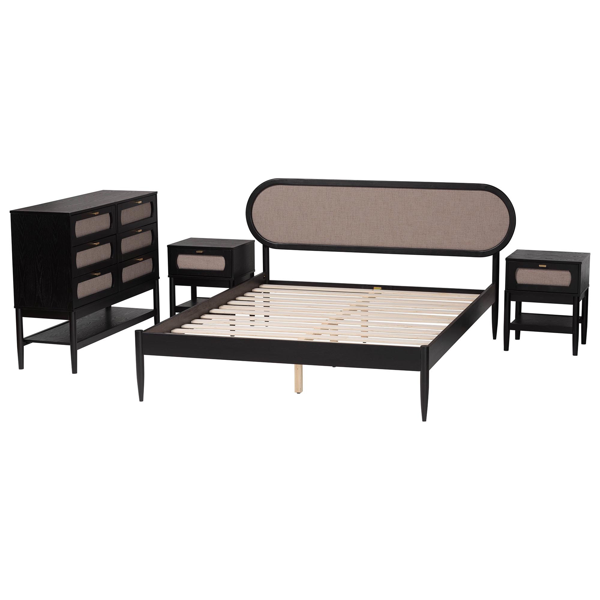 Baxton Studio Shirin Mid-Century Beige Fabric and Black Wood Queen 4-Piece Bedroom Set with Two nightstands