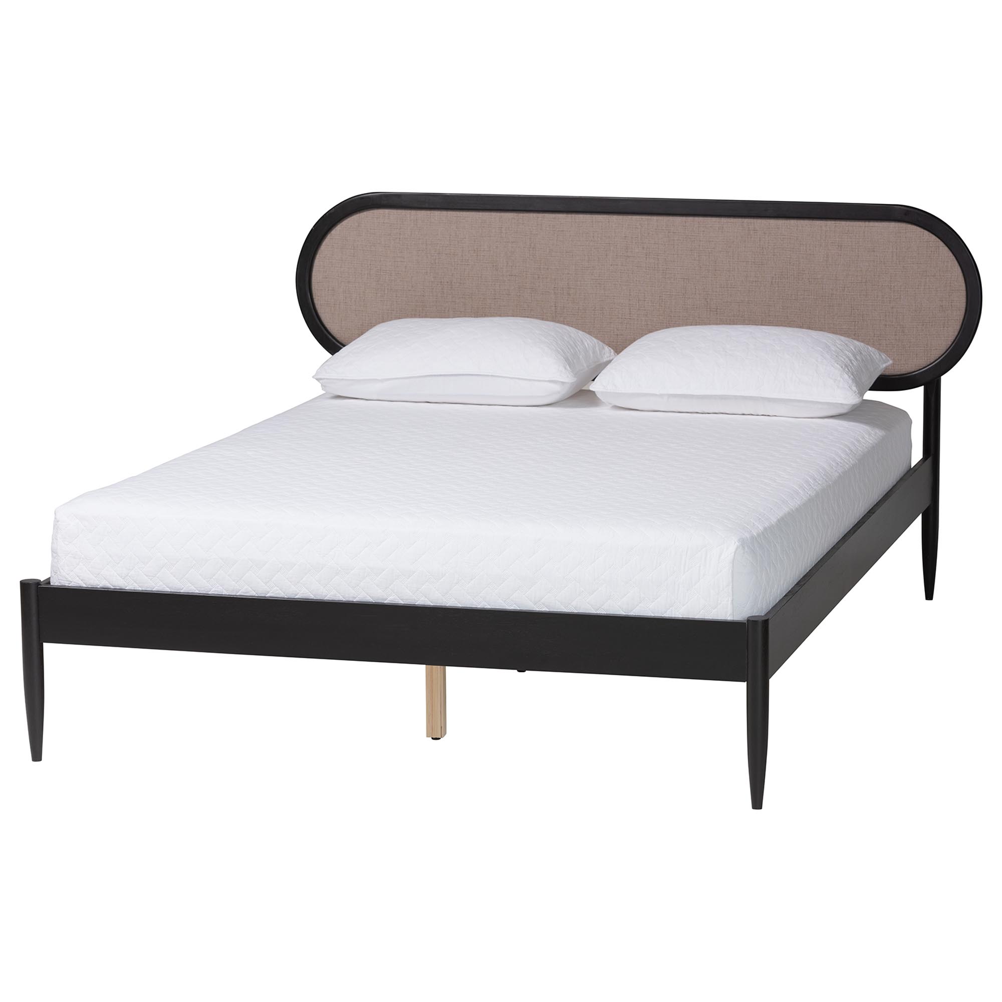 Baxton Studio Shirin Mid-Century Beige Fabric and Black Wood Queen 4-Piece Bedroom Set with Two nightstands