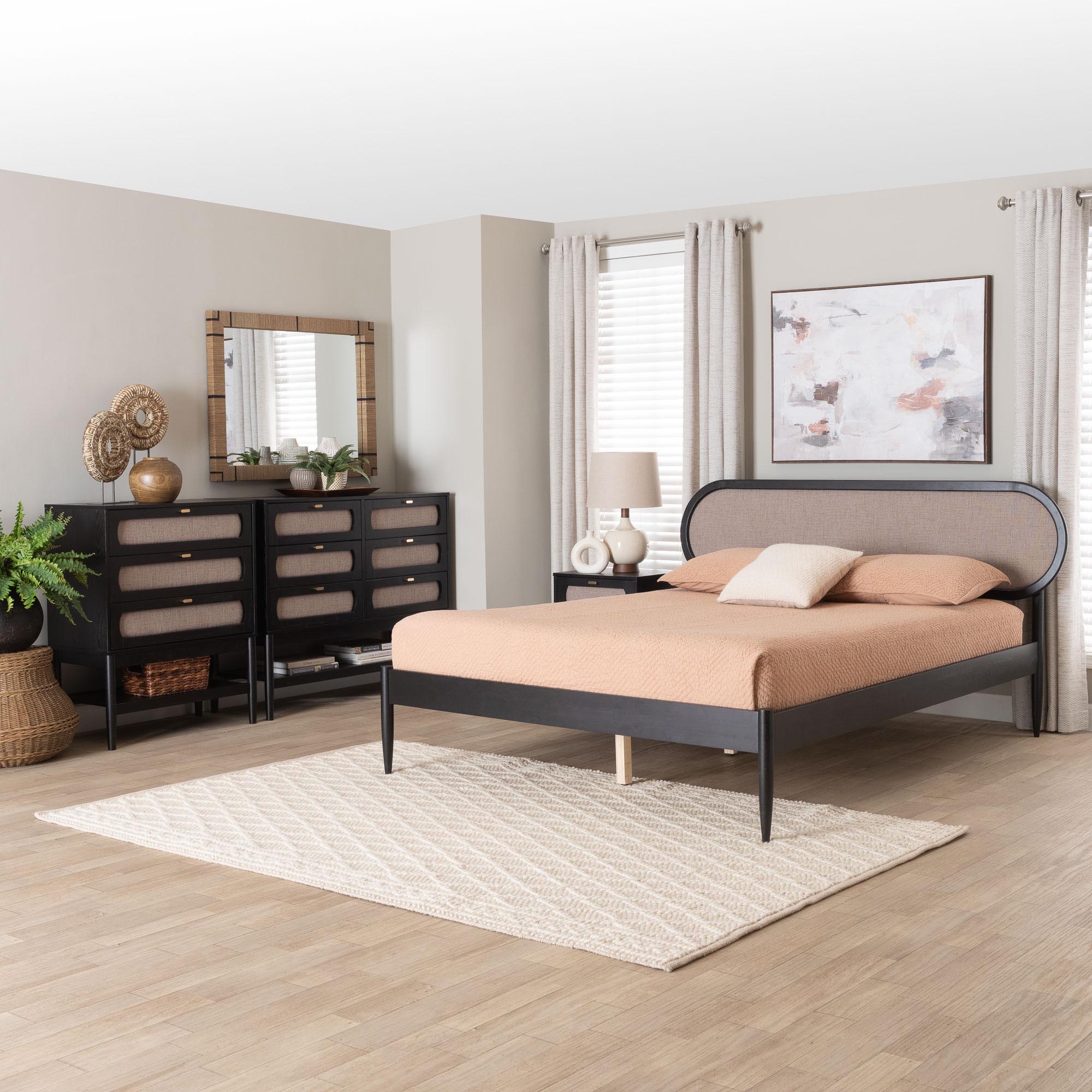 Baxton Studio Shirin Mid-Century Beige Fabric and Black Wood Queen 4-Piece Bedroom Set