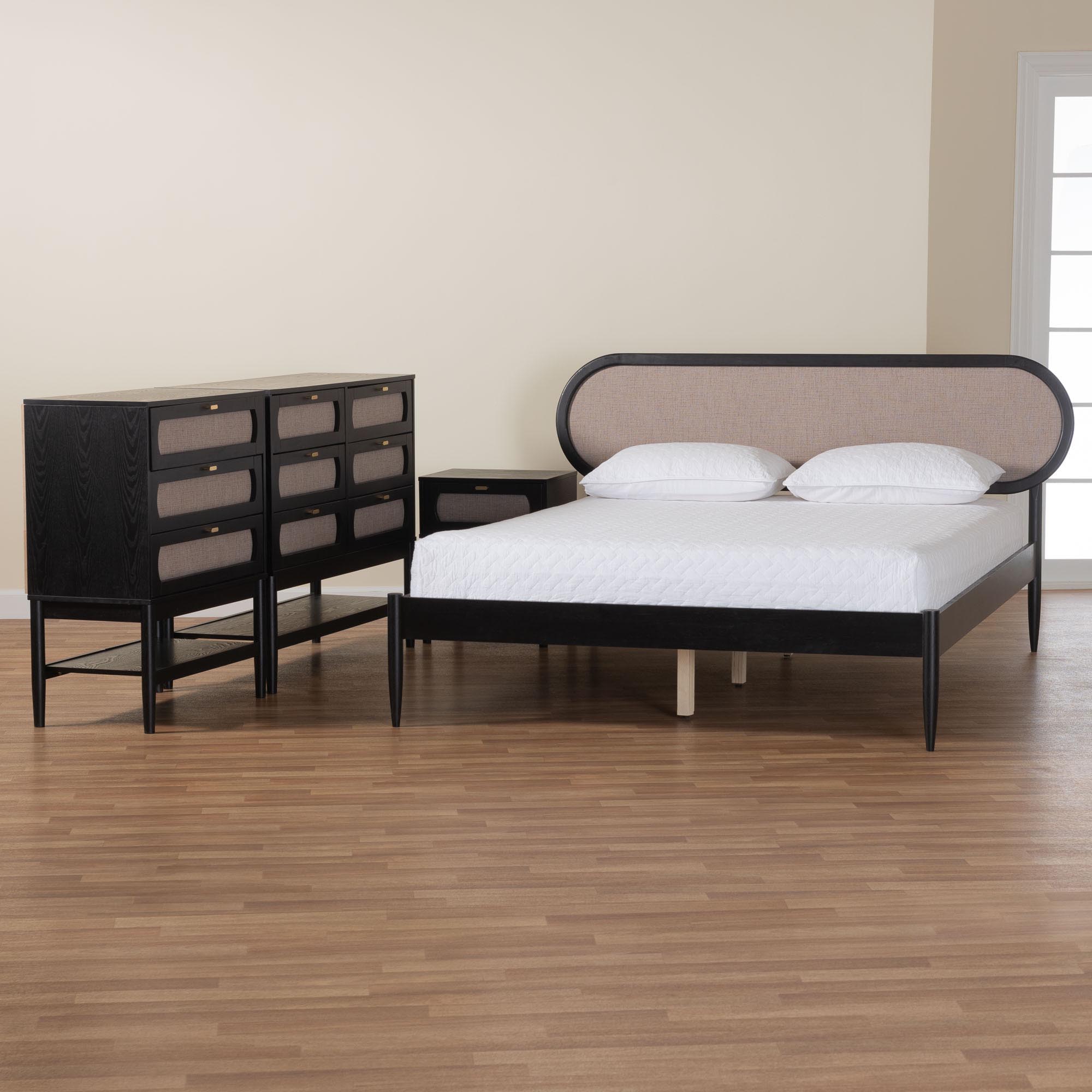 Baxton Studio Shirin Mid-Century Beige Fabric and Black Wood Queen 4-Piece Bedroom Set