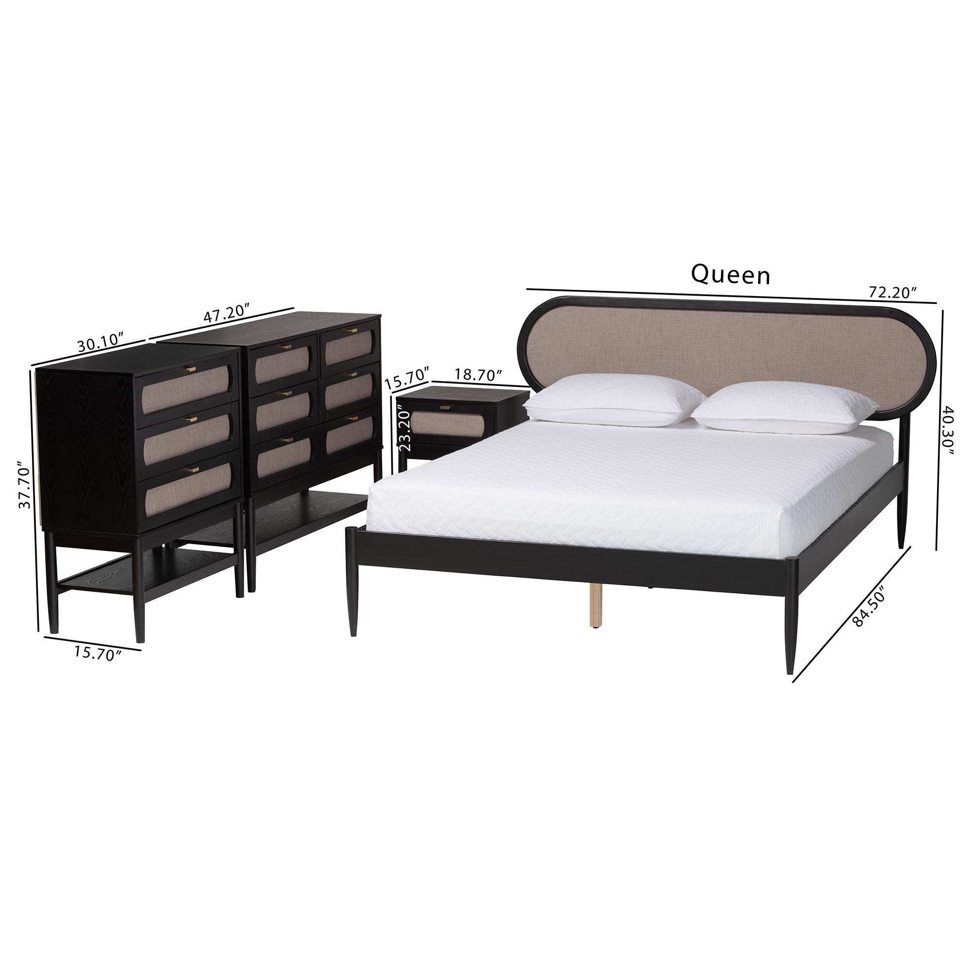 Baxton Studio Shirin Mid-Century Beige Fabric and Black Wood Queen 4-Piece Bedroom Set