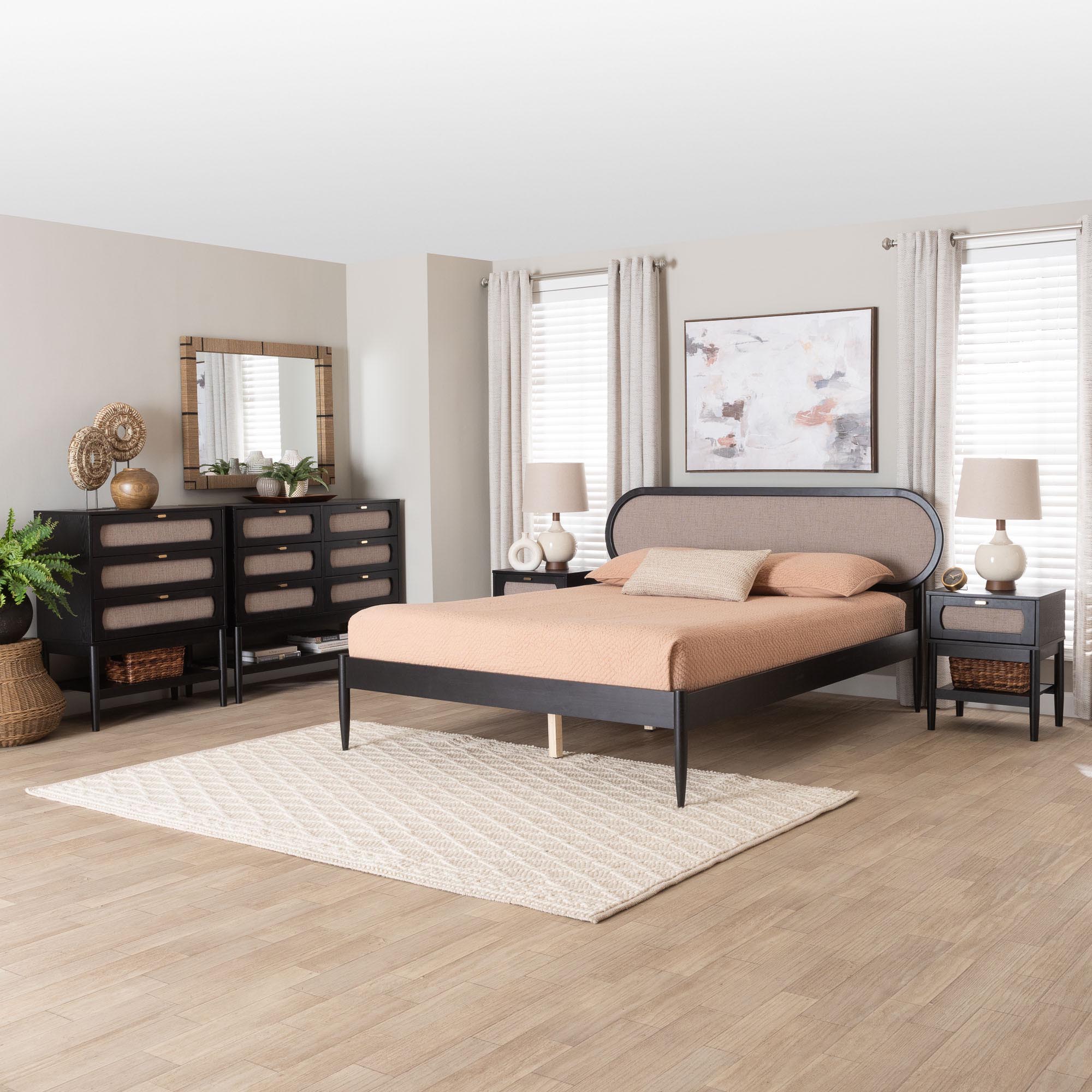 Baxton Studio Shirin Mid-Century Beige Fabric and Black Wood Queen 5-Piece Bedroom Set