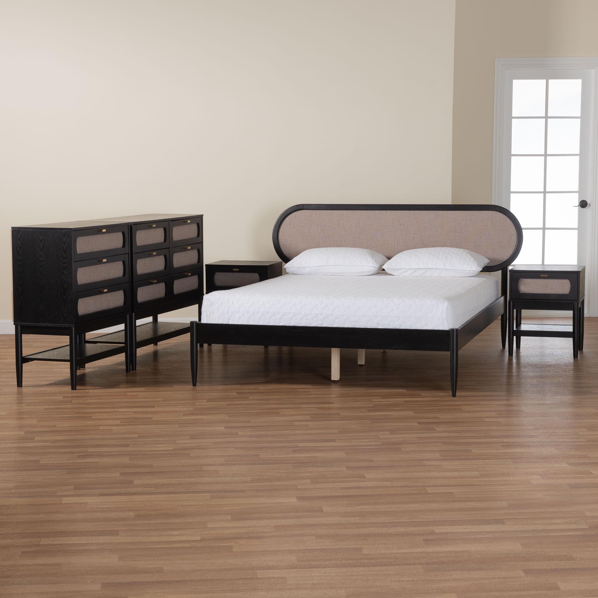 Baxton Studio Shirin Mid-Century Beige Fabric and Black Wood Queen 5-Piece Bedroom Set