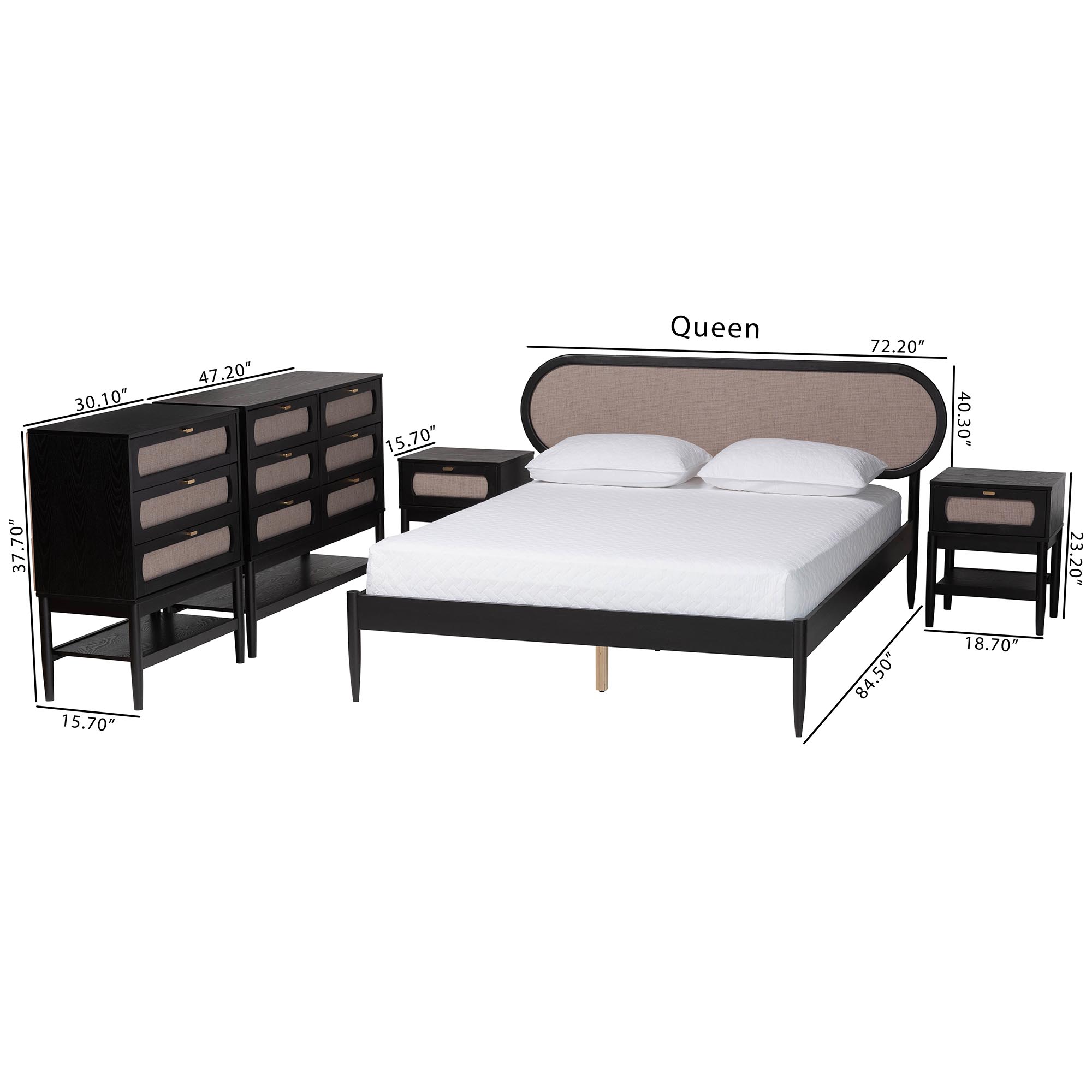 Baxton Studio Shirin Mid-Century Beige Fabric and Black Wood Queen 5-Piece Bedroom Set