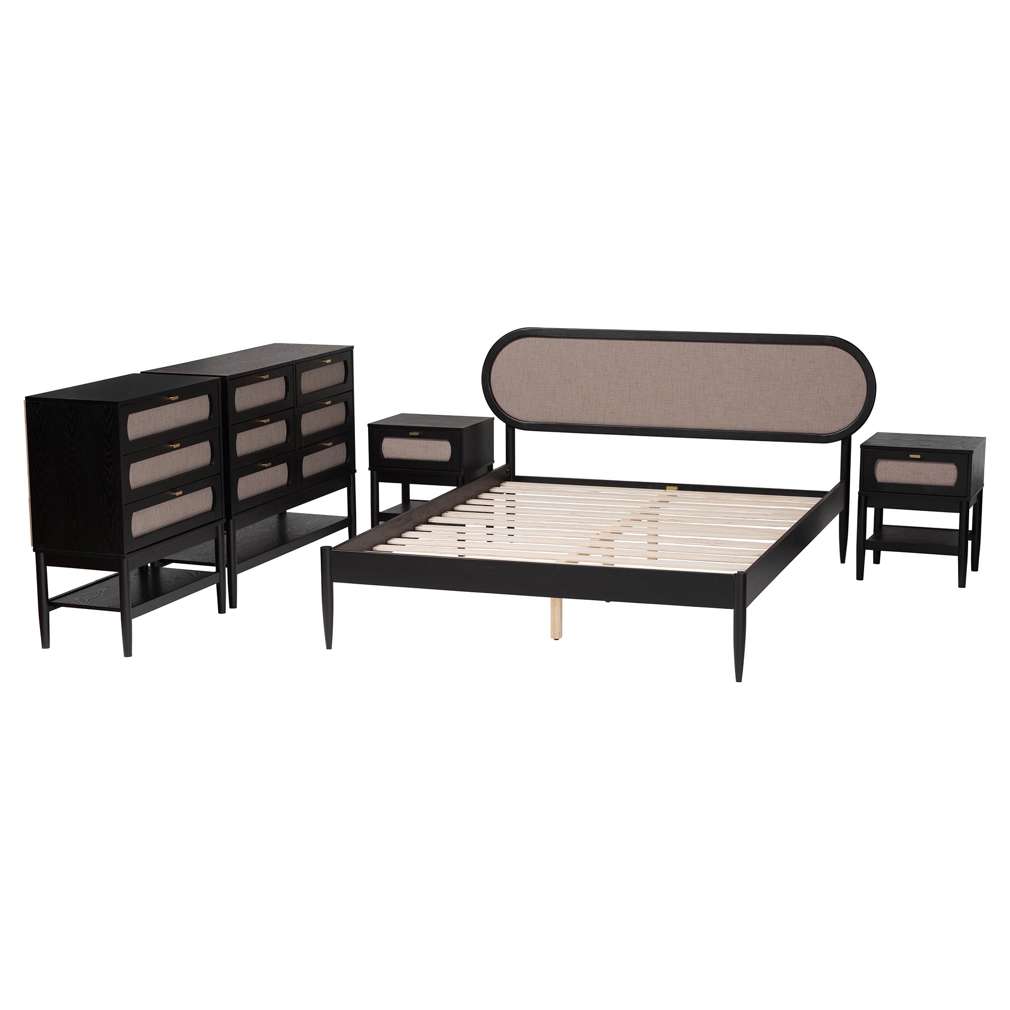 Baxton Studio Shirin Mid-Century Beige Fabric and Black Wood Queen 5-Piece Bedroom Set