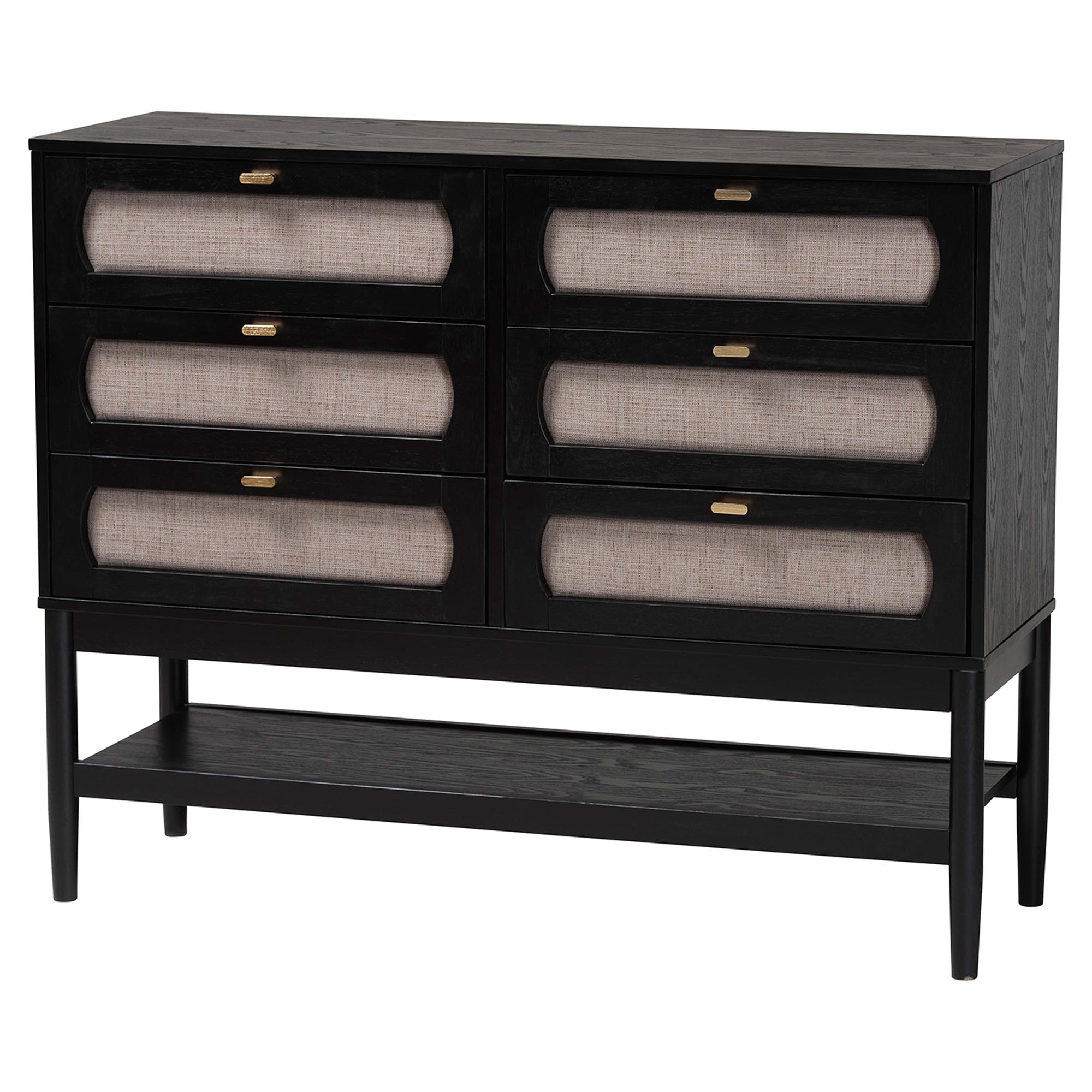 Baxton Studio Shirin Mid-Century Beige Fabric and Black Wood Queen 5-Piece Bedroom Set