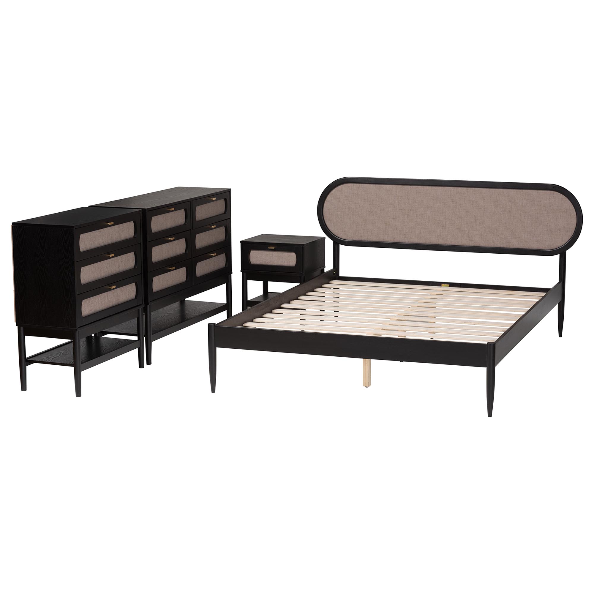 Baxton Studio Shirin Mid-Century Beige Fabric and Black Wood Queen 4-Piece Bedroom Set
