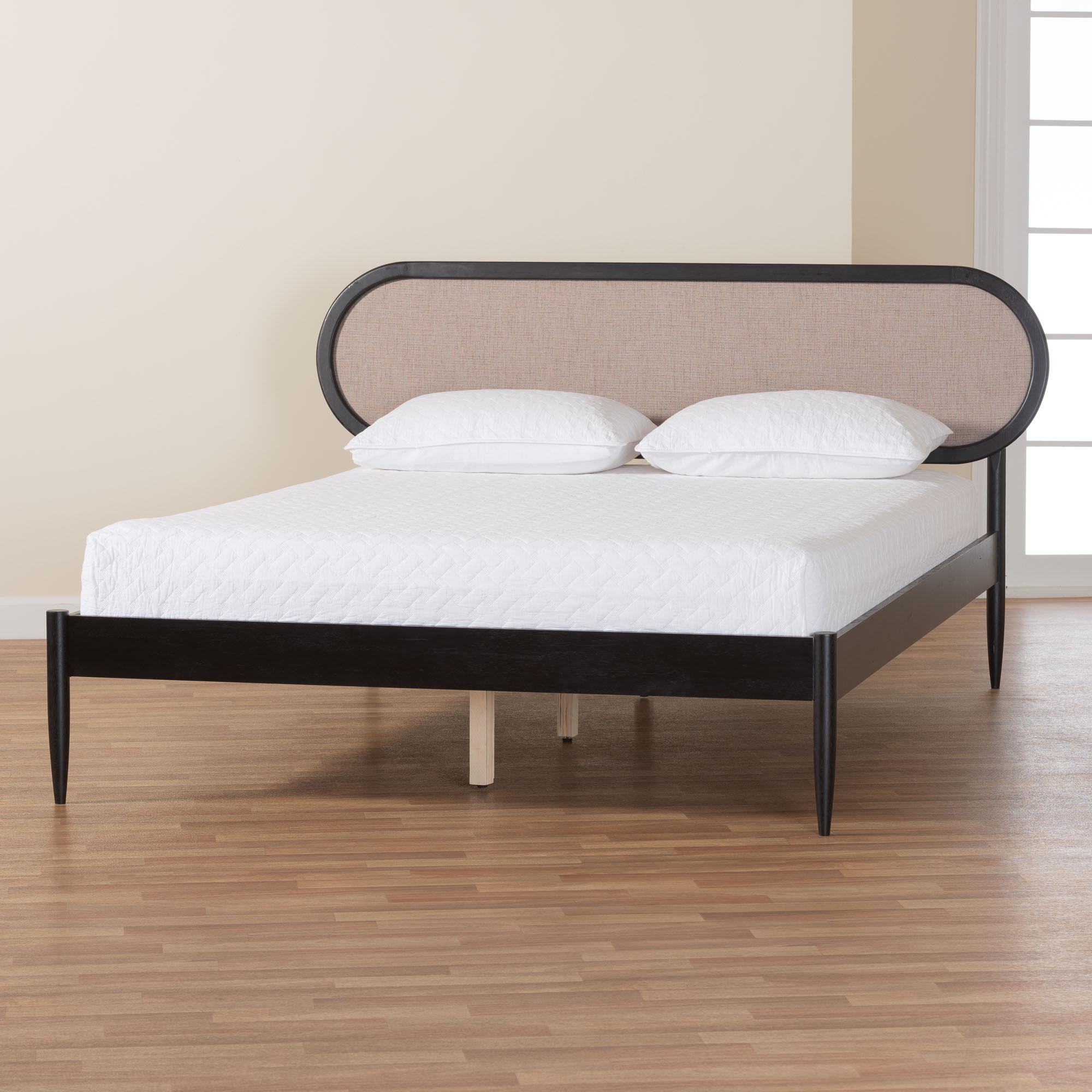 Baxton Studio Shirin Mid-Century Beige Fabric and Black Wood Queen Platform Bed