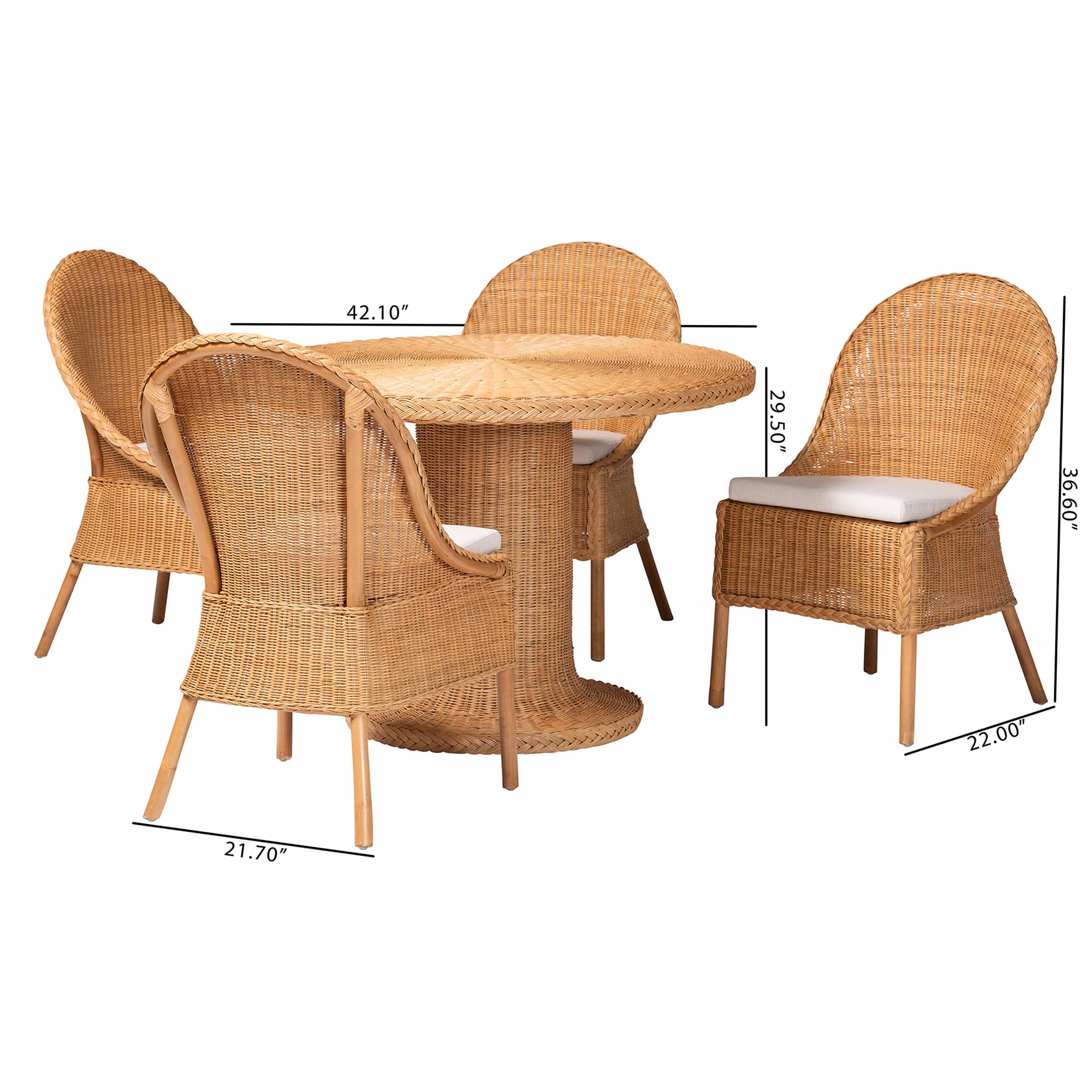 bali & pari Willy 5-Piece Rattan Dining Set - Round Wicker Table with Pedestal Base and 4 Side Chairs, Handwoven Boho Coastal Style for Dining, Kitchen or Sun Room, Light Honey