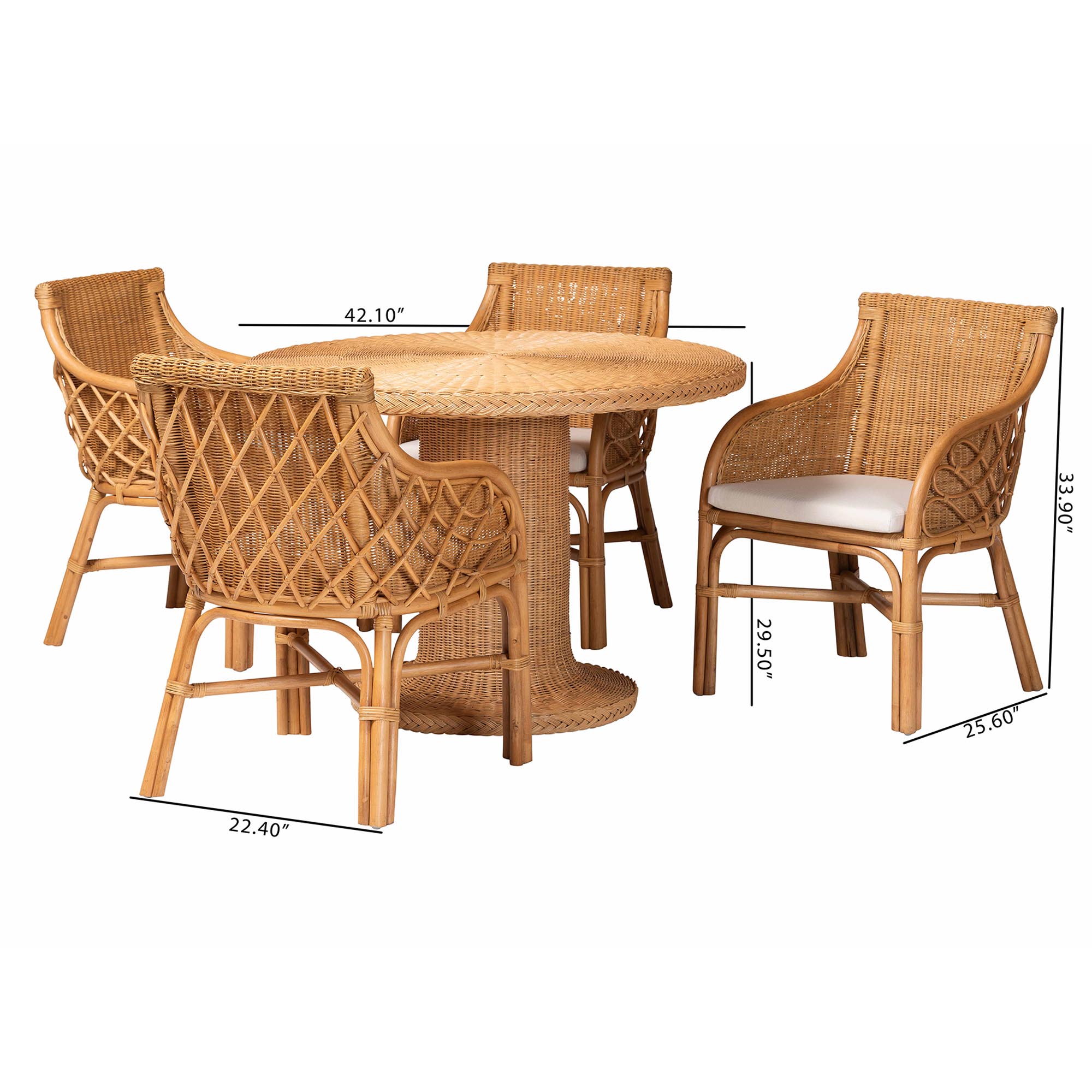 bali & pari Wymond 5-Piece Rattan Dining Set - Round Wicker Table with Pedestal Base and 4 Armchairs, Handwoven Boho Coastal Style for Dining, Kitchen or Sun Room, Light Honey