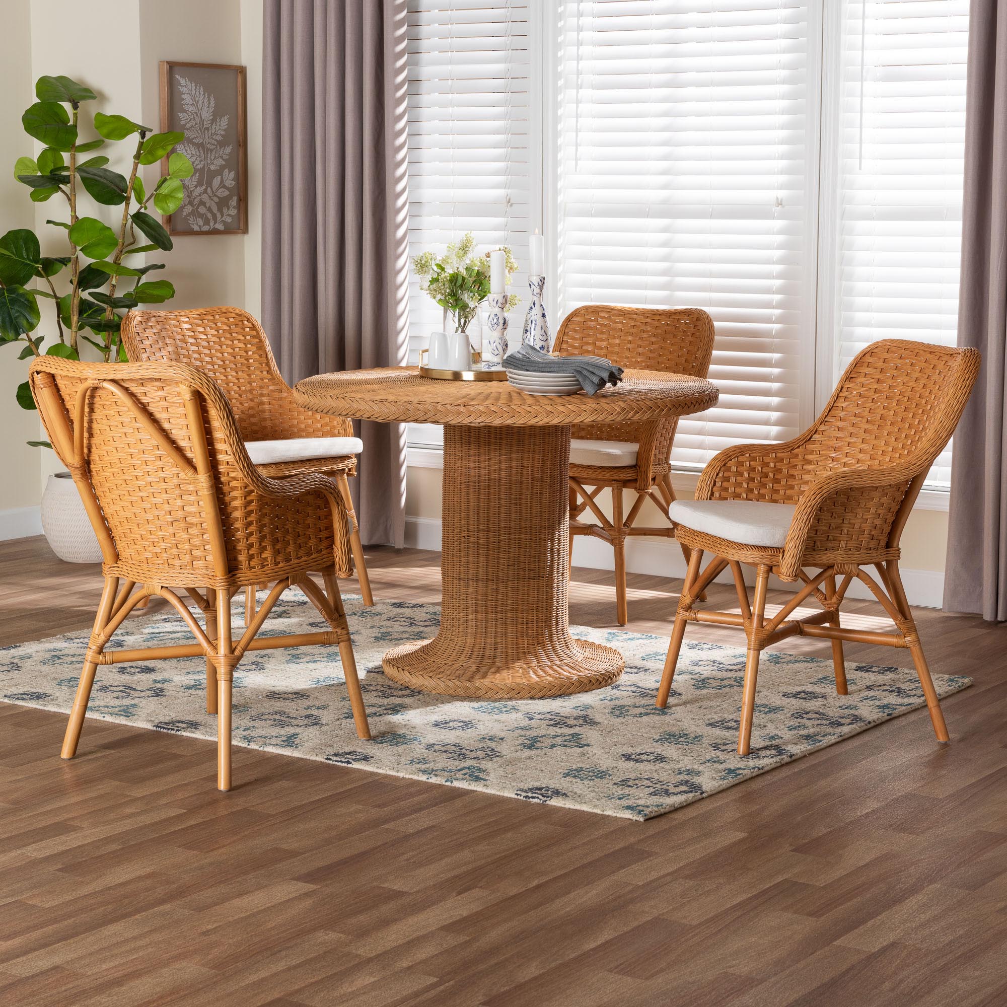 bali & pari Wistan 5-Piece Rattan Dining Set - Round Wicker Table with Pedestal Base and 4 Armchairs, Handwoven Boho Coastal Style for Dining, Kitchen or Sun Room, Light Honey