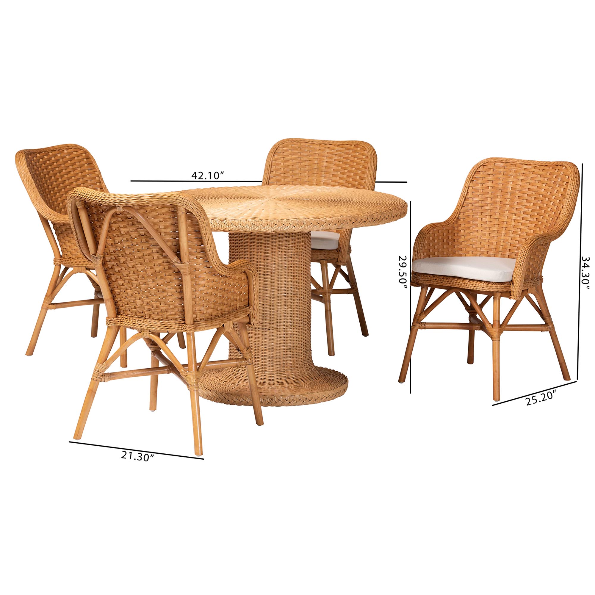 bali & pari Wistan 5-Piece Rattan Dining Set - Round Wicker Table with Pedestal Base and 4 Armchairs, Handwoven Boho Coastal Style for Dining, Kitchen or Sun Room, Light Honey
