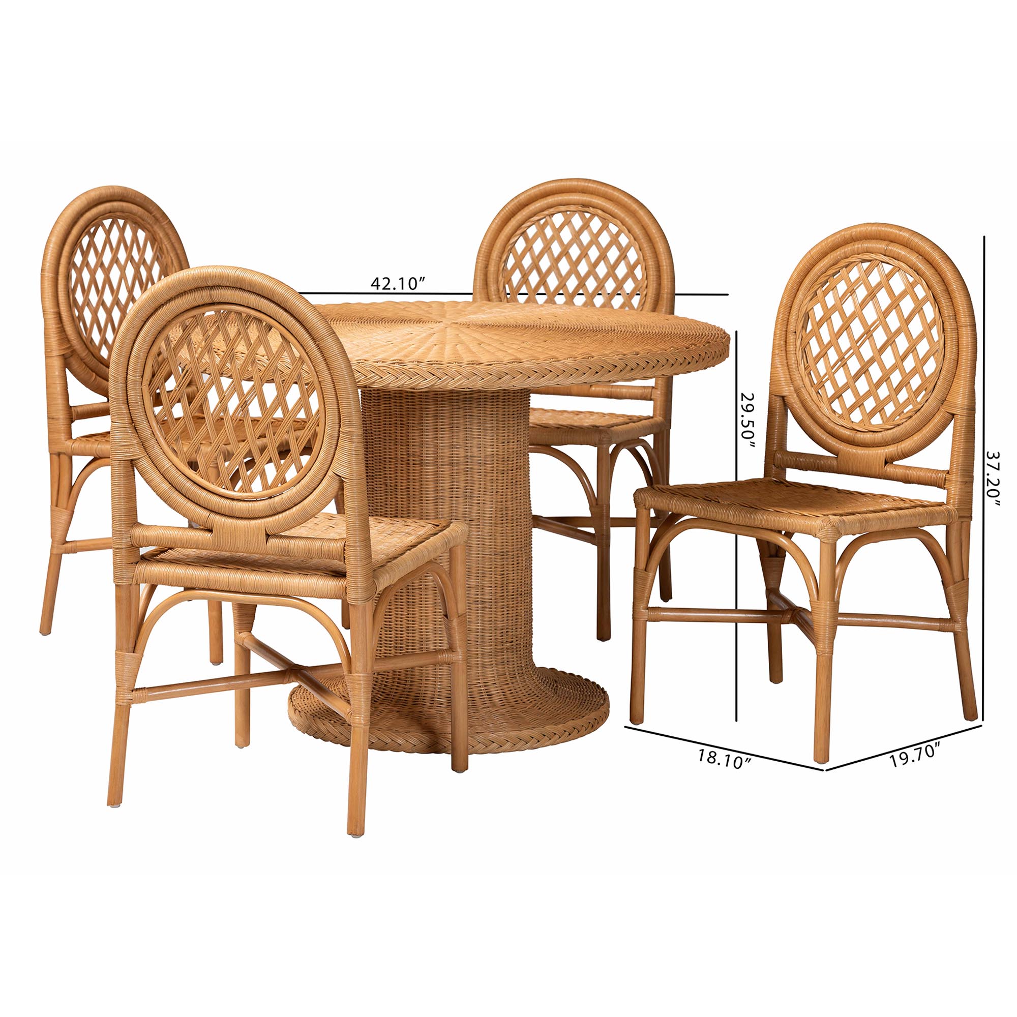 bali & pari Winslow 5-Piece Rattan Dining Set - Round Wicker Table with Pedestal Base and 4 Lattice Back Chairs, Handwoven Boho Coastal Style for Indoor Kitchen or Dining Room, Light Honey