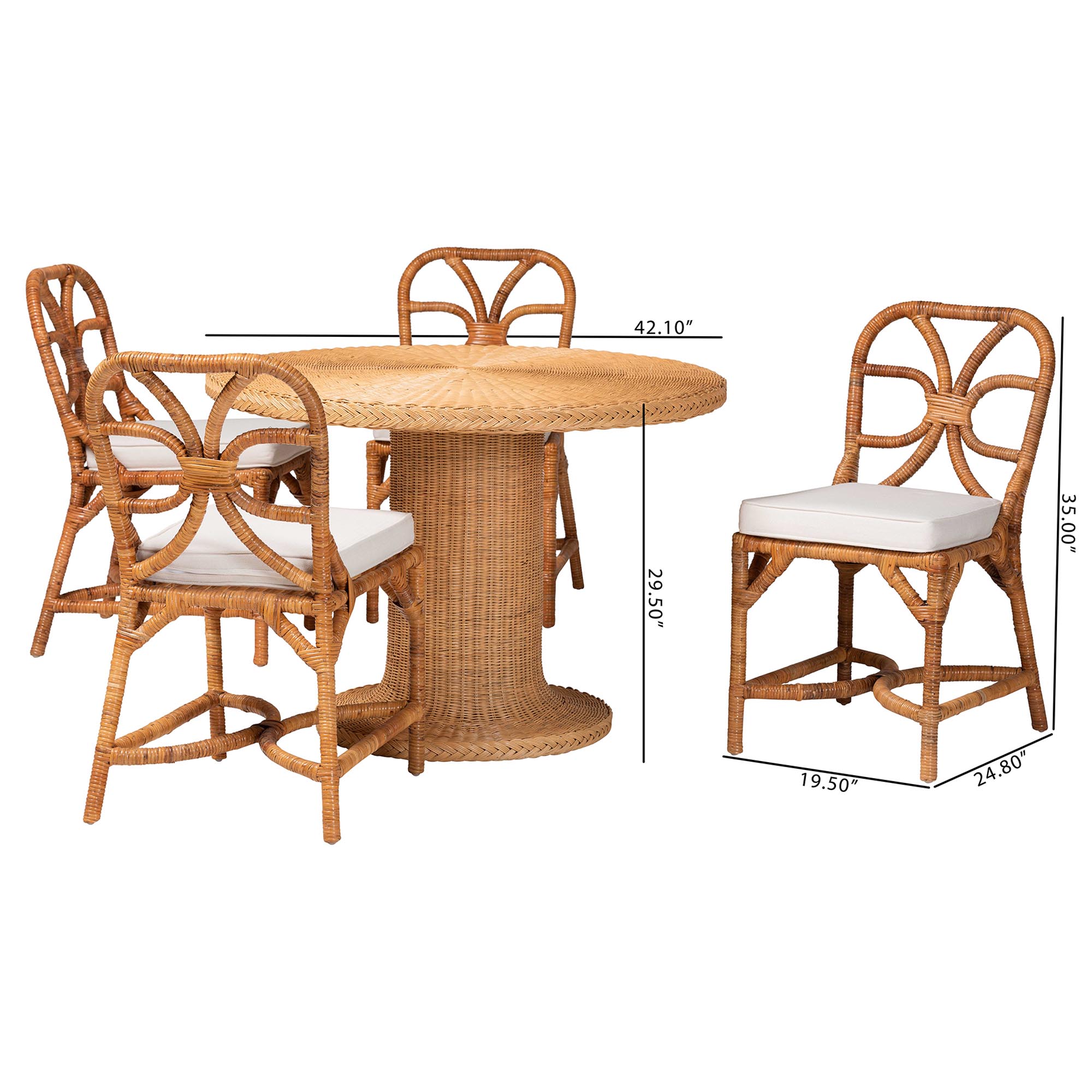 bali & pari Wilmer 5-Piece Rattan Dining Set - Round Wicker Table with Pedestal Base and 4 Side Chairs, Handwoven Boho Coastal Style for Dining, Kitchen or Sun Room, Light Honey