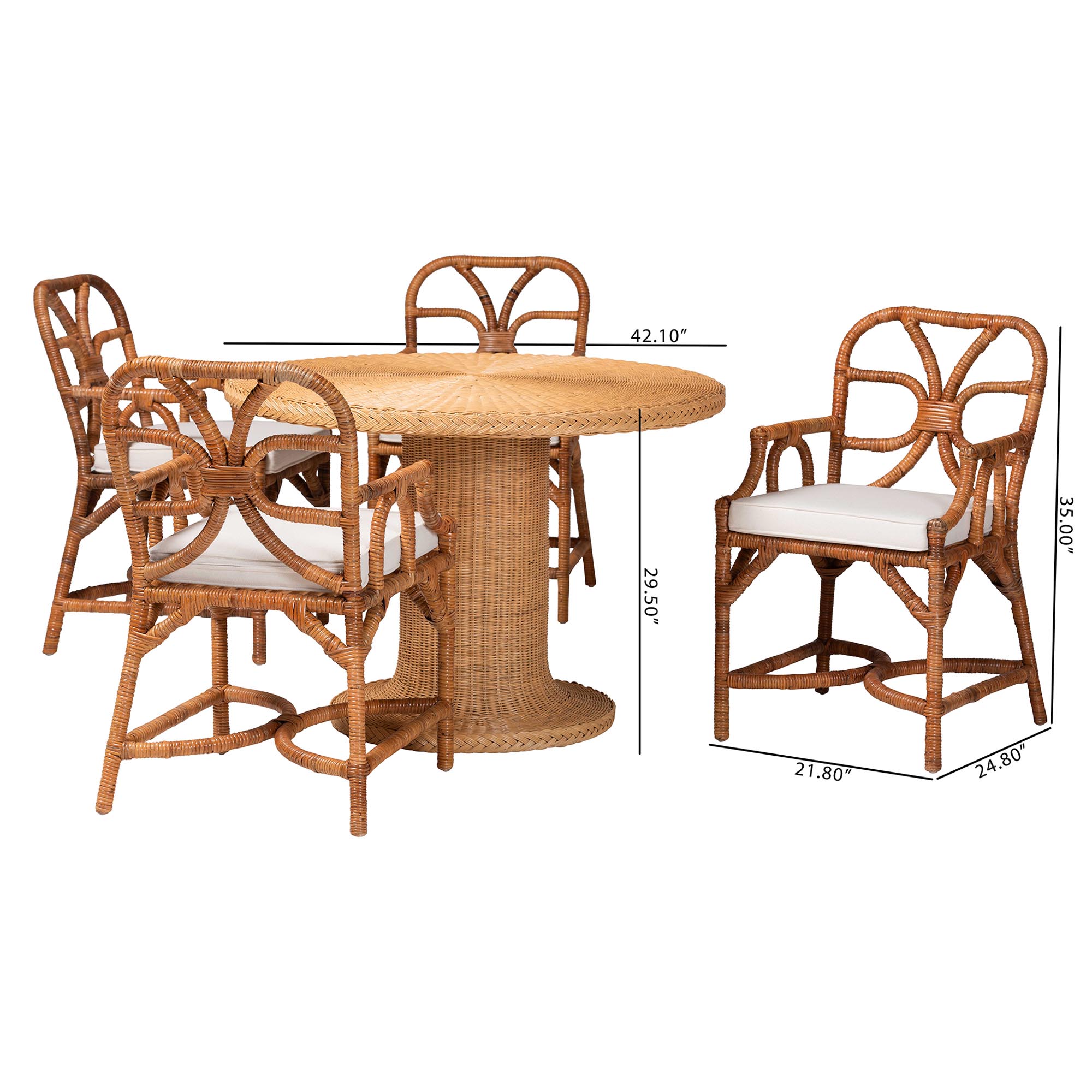 bali & pari Wade 5-Piece Rattan Dining Set - Round Wicker Table with Pedestal Base and 4 Armchairs, Handwoven Boho Coastal Style for Dining, Kitchen or Sun Room, Light Honey