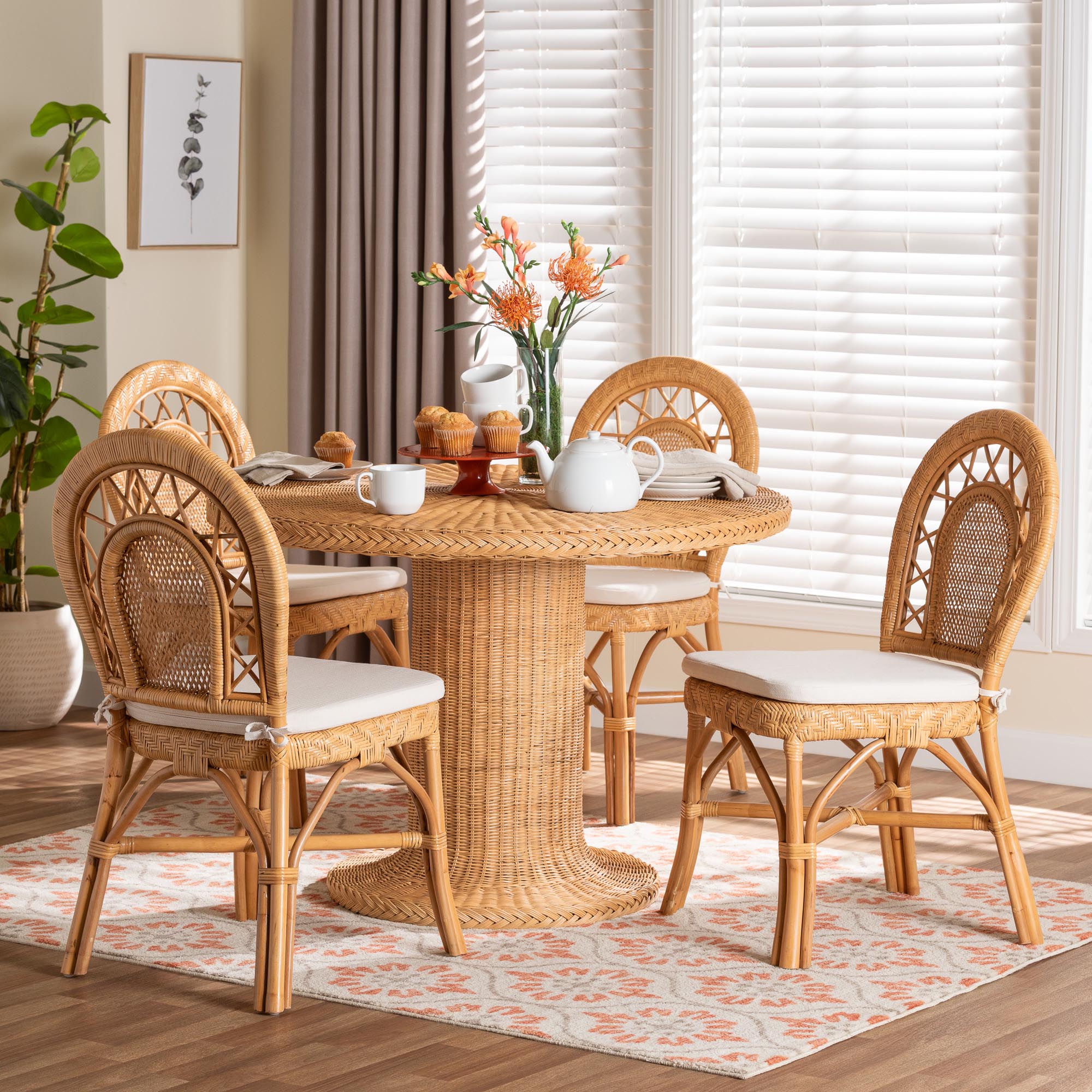 bali & pari Walker 5-Piece Natural Rattan Dining Set - Handwoven Wicker Set with Round Pedestal Table and 4 Curved Back Chairs, Coastal Boho Dining Room Furniture with Cushioned Seating