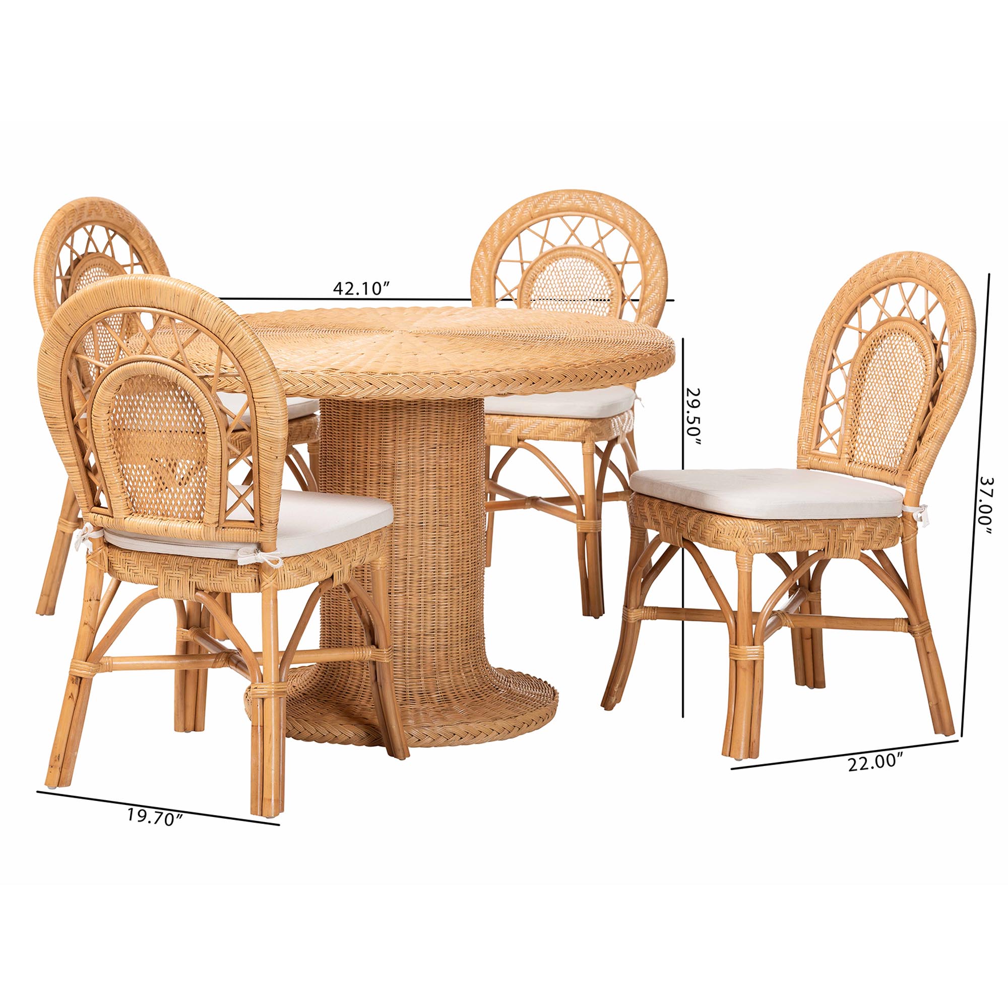 bali & pari Walker 5-Piece Natural Rattan Dining Set - Handwoven Wicker Set with Round Pedestal Table and 4 Curved Back Chairs, Coastal Boho Dining Room Furniture with Cushioned Seating
