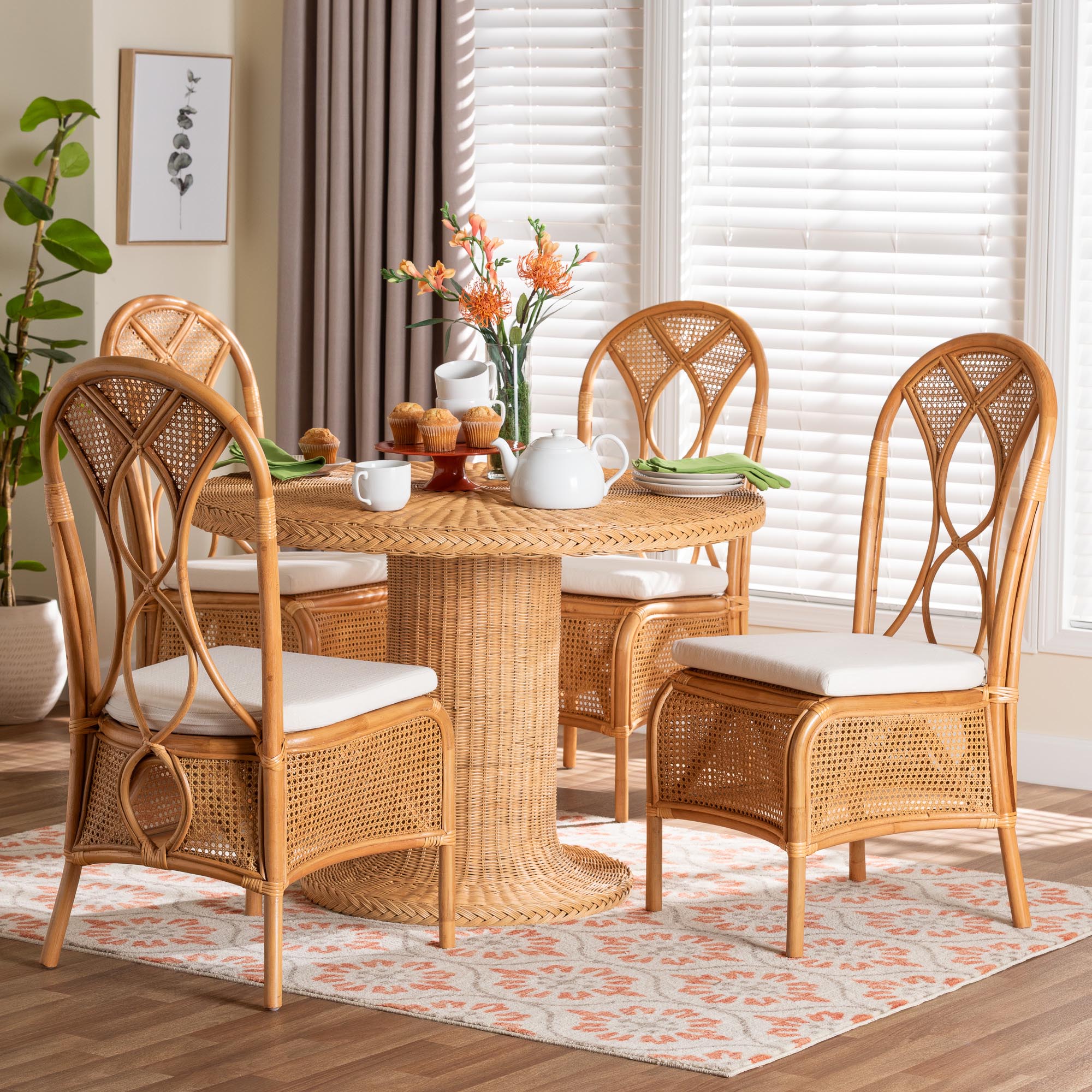 bali & pari Wallis 5-Piece Natural Rattan Dining Set with Round Pedestal Table and 4 Chairs, Handwoven Wicker Dining Furniture with Cushioned Seats, Boho Coastal Kitchen or Dining Room Set